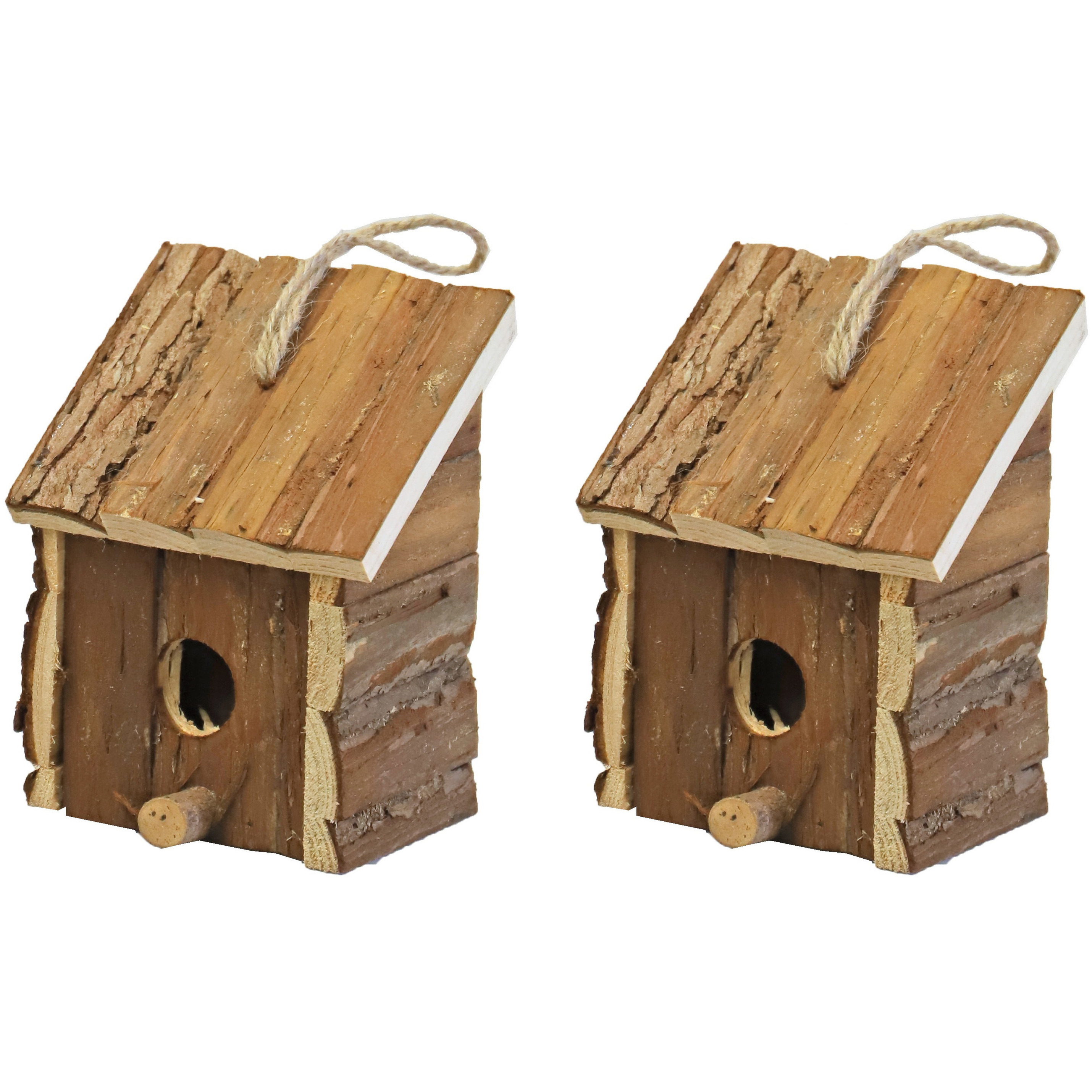 2x Broedhuizen/vogelhuisjes vierkant met schuin dak naturel 9 x 11 x 16 cm - tuindecoratie - tuindieren - vogelhuisjes - Bruin