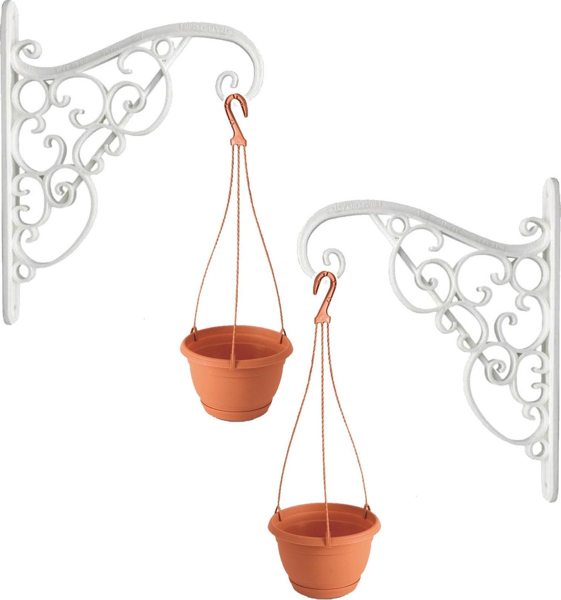 2x Stukste Akant sierlijke bloempothangers/bloempot haak met hangende bloempot terracotta 2 liter - Tuindecoratie - Wit