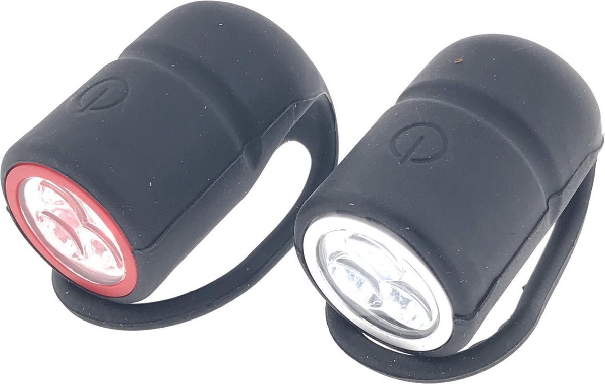 Huismerk 1x Fietslampen set voorlicht en achterlicht - silicone / waterdicht - inclusief 4x knoopcelbatterij CR2032 - fietslampensetje / fietsverlichting - koplamp en achterlamp - Zwart