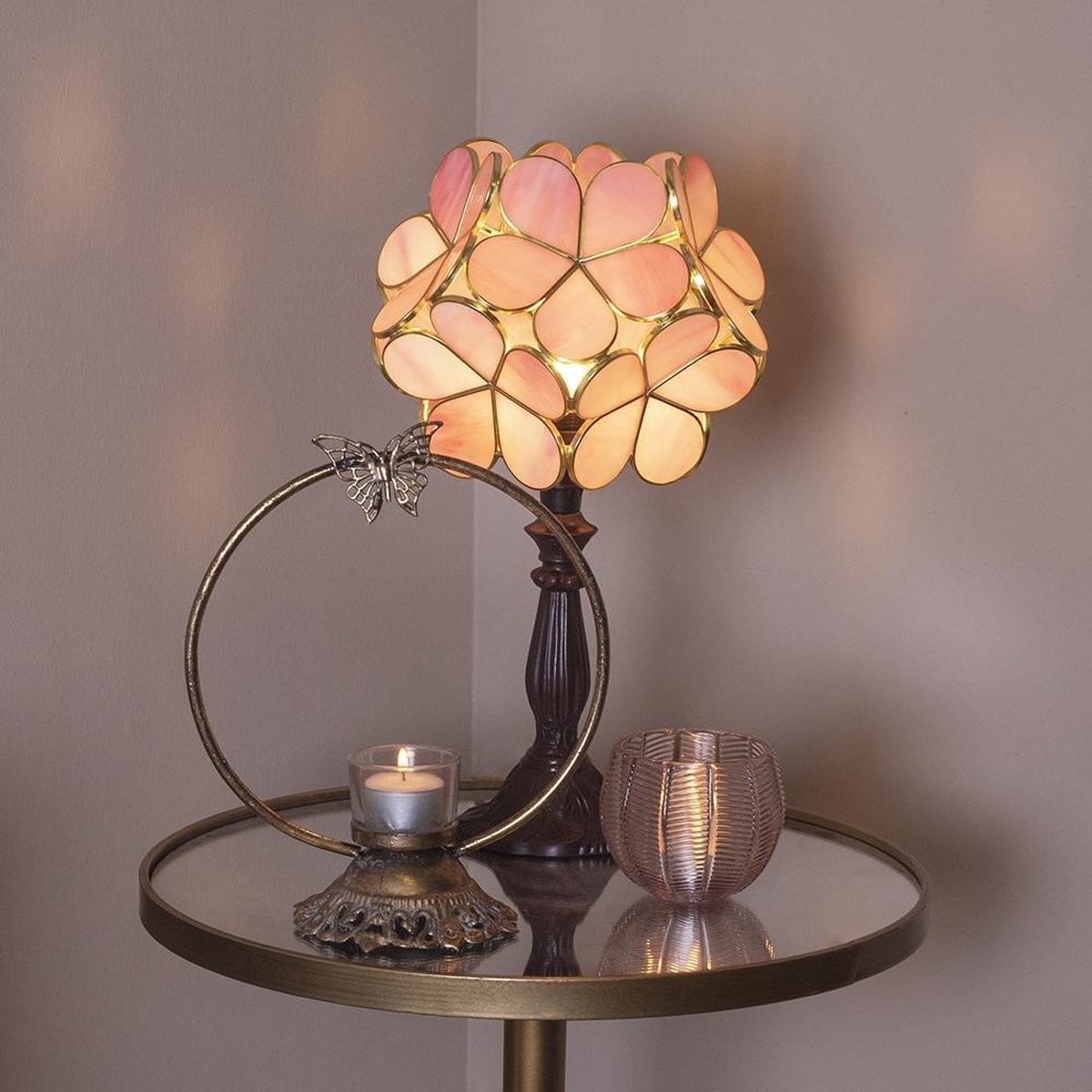 Clayre & Eef Tafellamp tiffany - 21*21*38 cm e14/max 1*25w polyresin / glas - lumilamp - 5LL-6065 - Roze