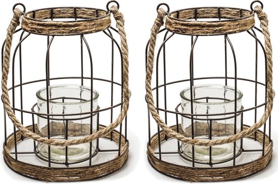 Bellatio Design Set van 2x stuks transparante vaas/vazen met metalen/jute kooi 20 x 17,5 cm - Woonaccessoires/woondecoraties - Glazen bloemenvaas - Boeketvaas - Bruin