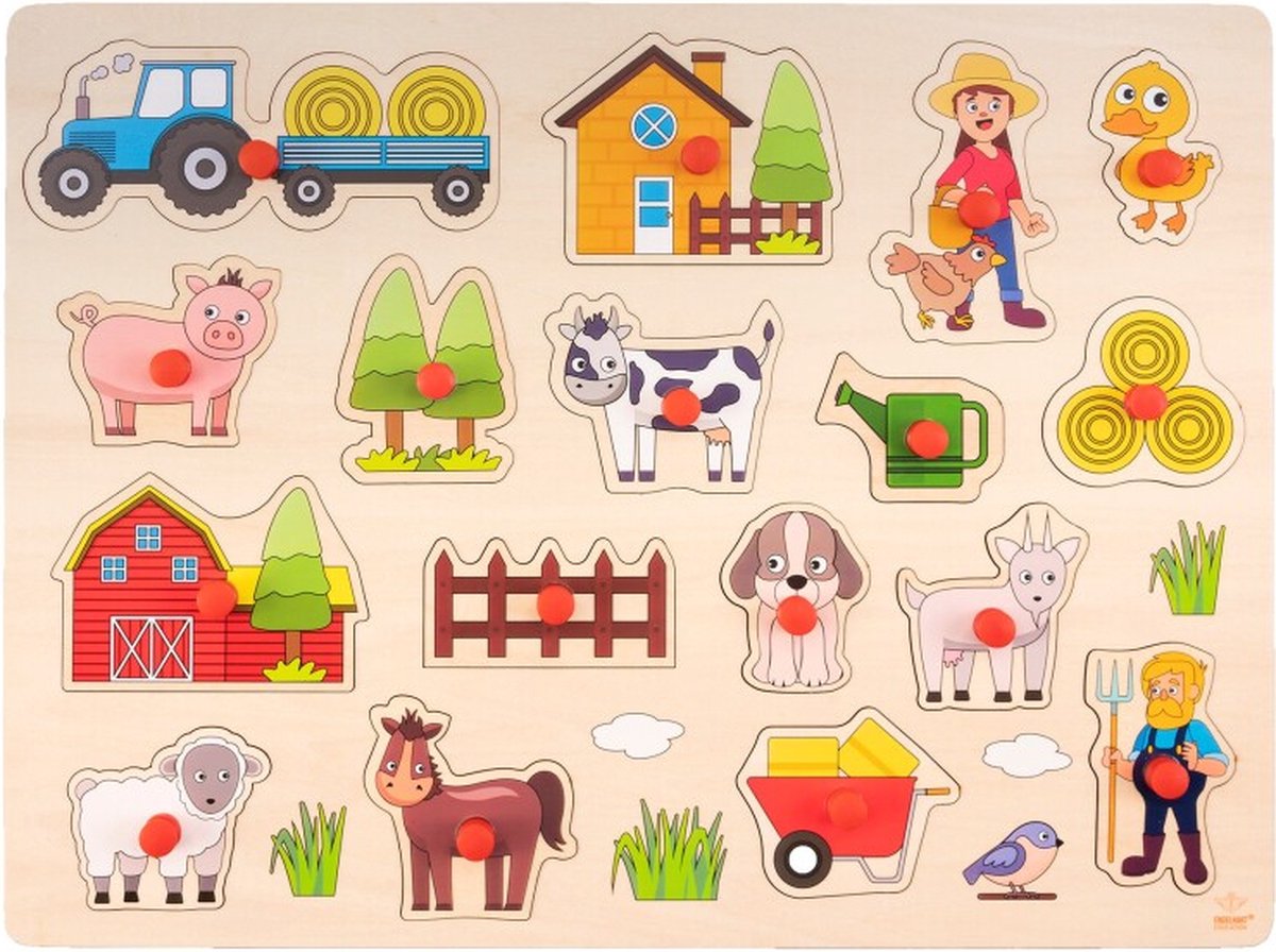 Houten knopjes/noppen speelgoed puzzel boerderij thema 40 x 30 cm - Educatief speelgoed voor kinderen