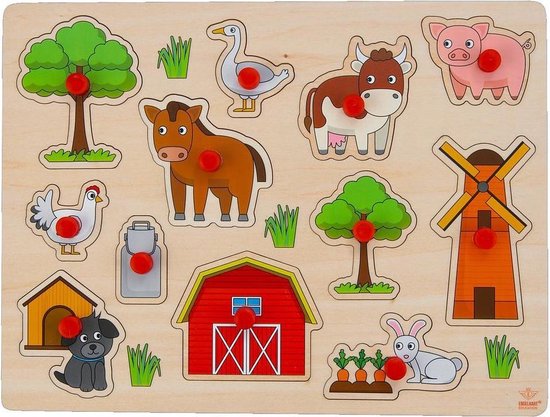 Engelhart Houten knopjes/noppen speelgoed puzzel boerderij thema 30 x 22 cm - Educatief speelgoed voor kinderen