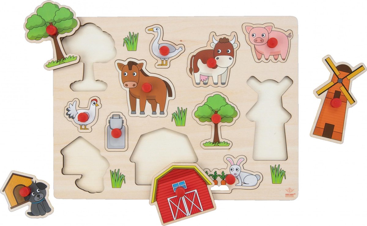 Engelhart Houten knopjes/noppen speelgoed puzzel boerderij thema 30 x 22 cm - Educatief speelgoed voor kinderen