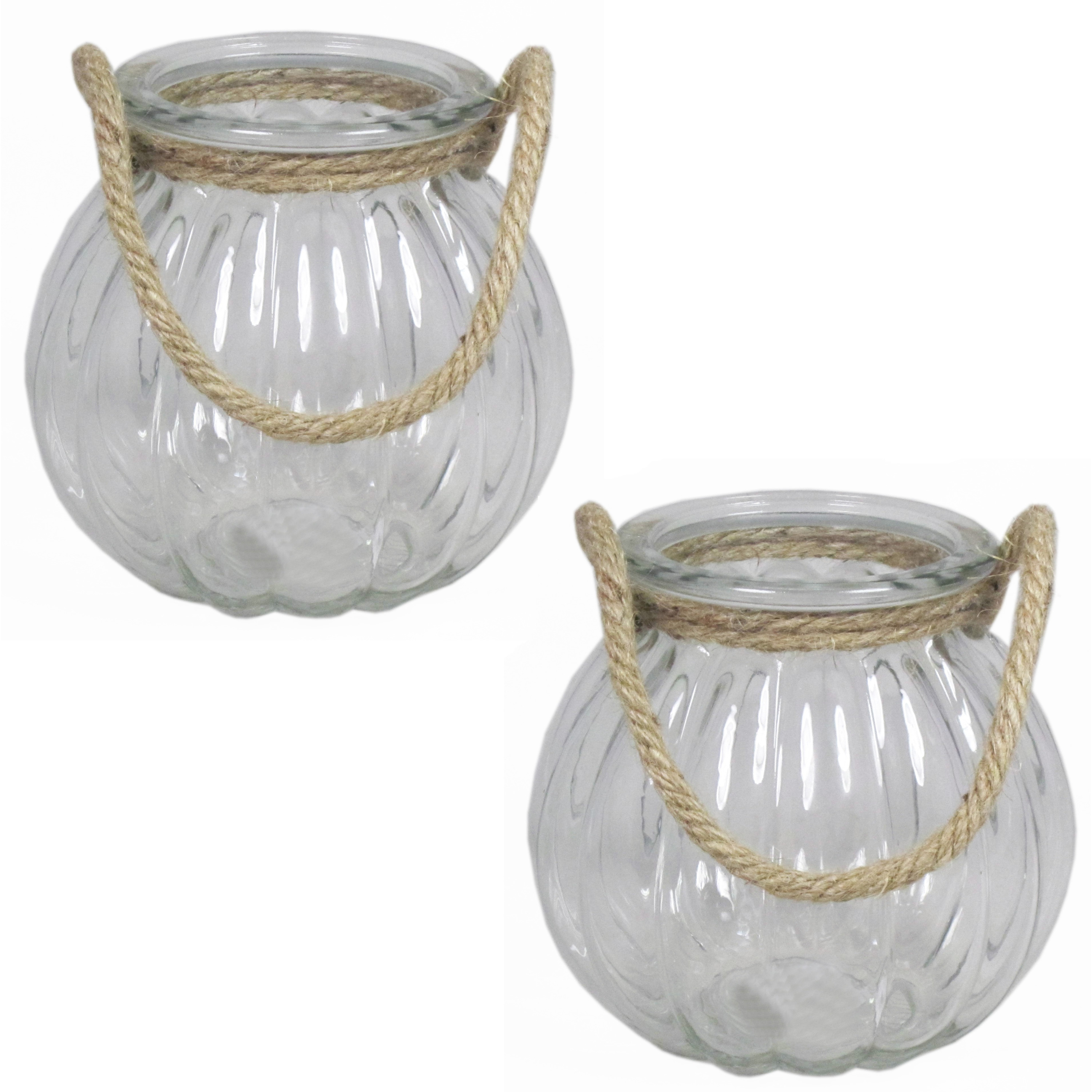 Bela Arte Set van 2x stuks glazen ronde windlichten 2 liter met touw hengsel/handvat 14,5 x 14,5 cm - 2000 ml - Kaarsen - Waxinelichtjes