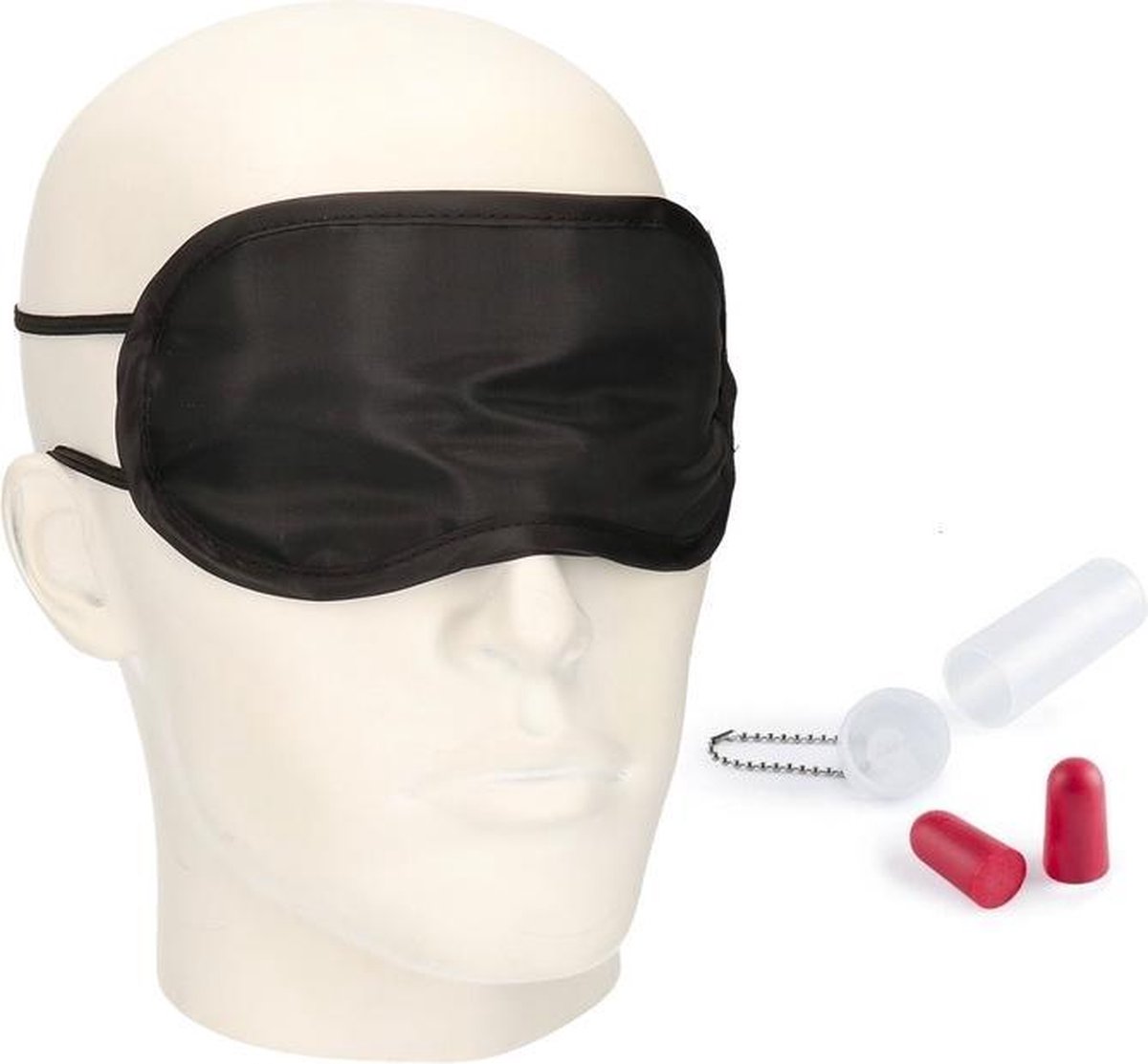 Bellatio Design Travel reis vliegtuig setje slaapmasker en rode foam oordopjes in kokertje - Zwart
