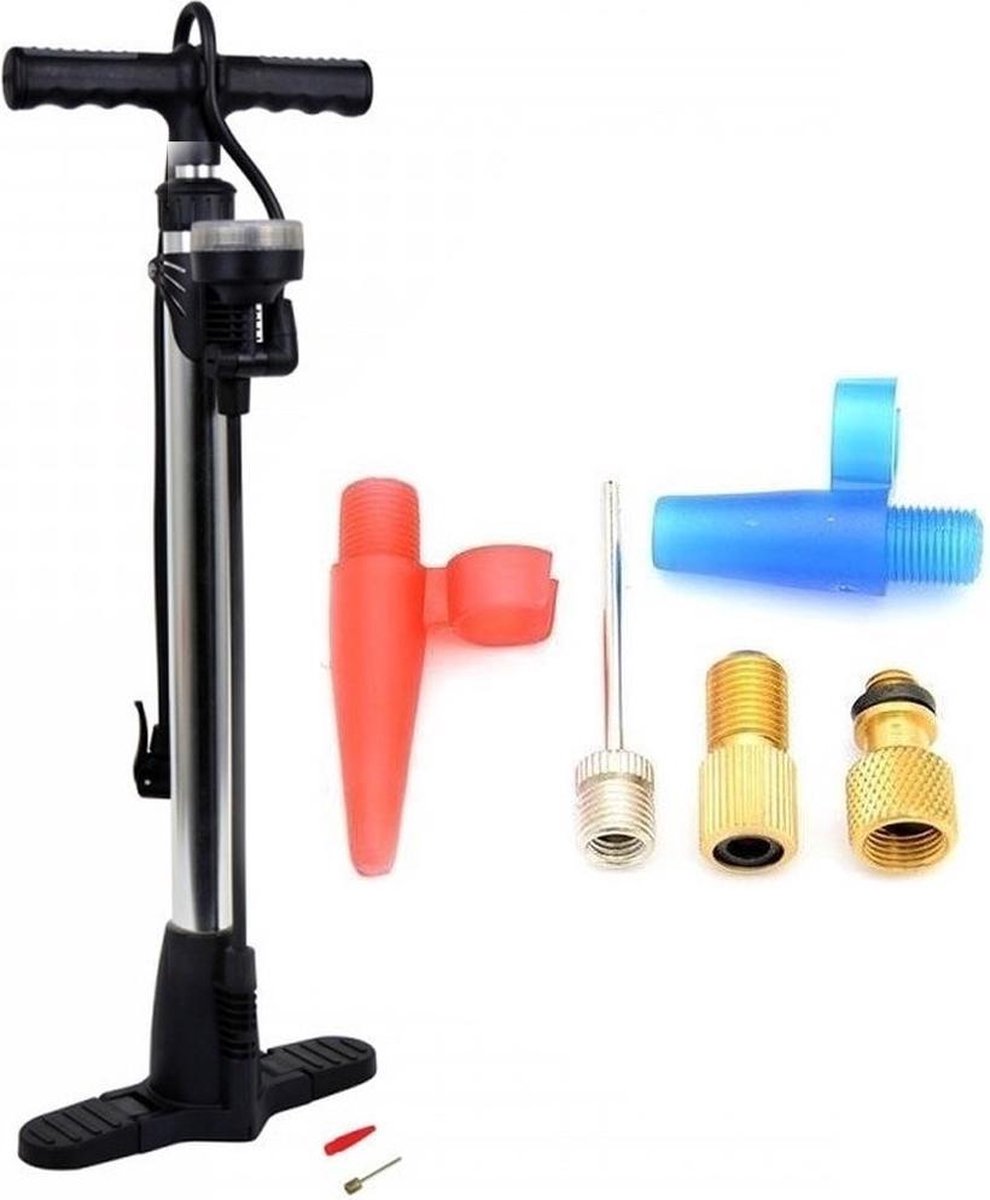 Luxe fietspomp met manometer inclusief 5-delige nippelset - Fietsband oppompen - Fietspompen - Voor alle ventielen - Zwart