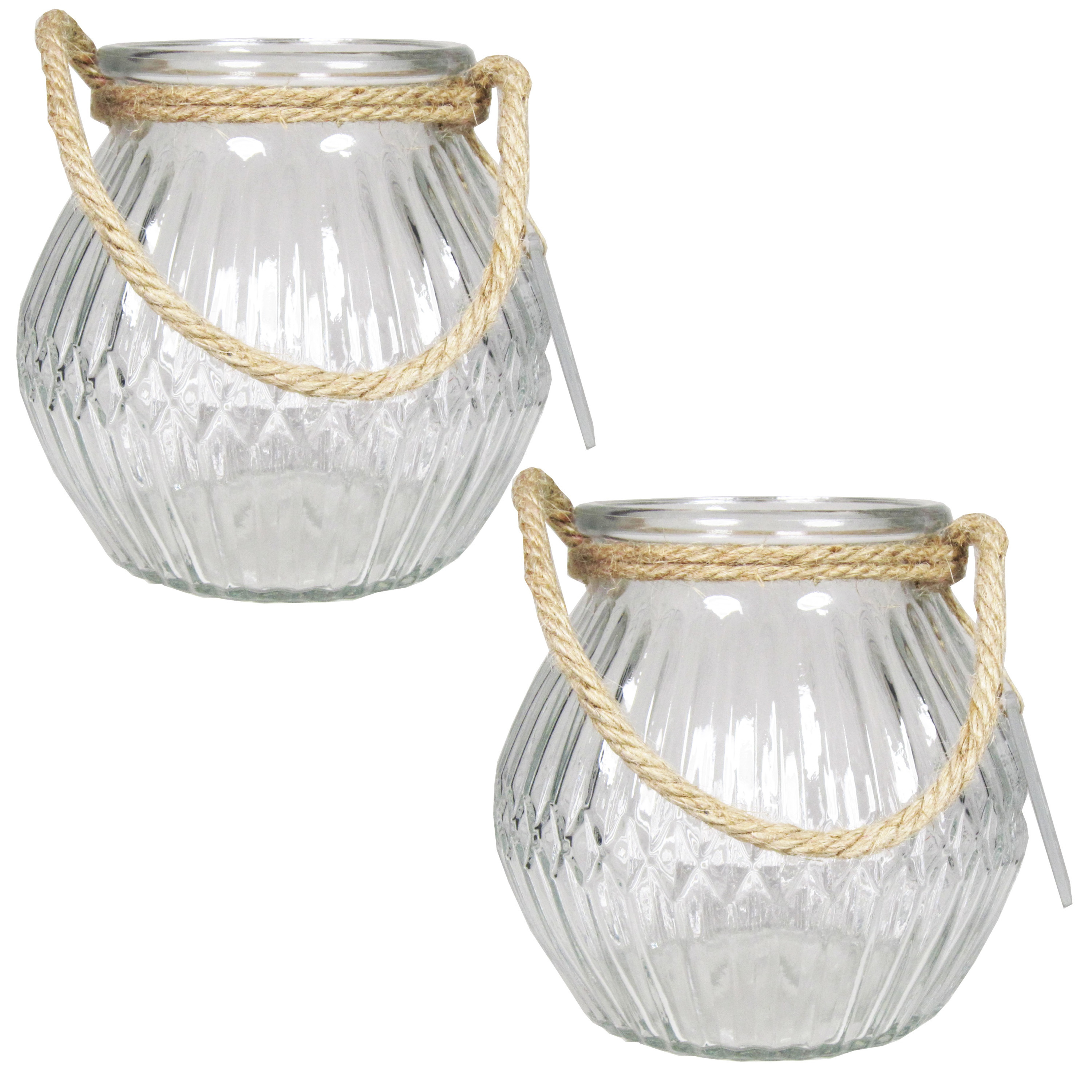 Bela Arte Set van 2x stuks glazen ronde windlichten Crystal 2,5 liter met touw hengsel/handvat 16 x 14,5 cm - 2500 ml - Kaarsen/Waxinelicht