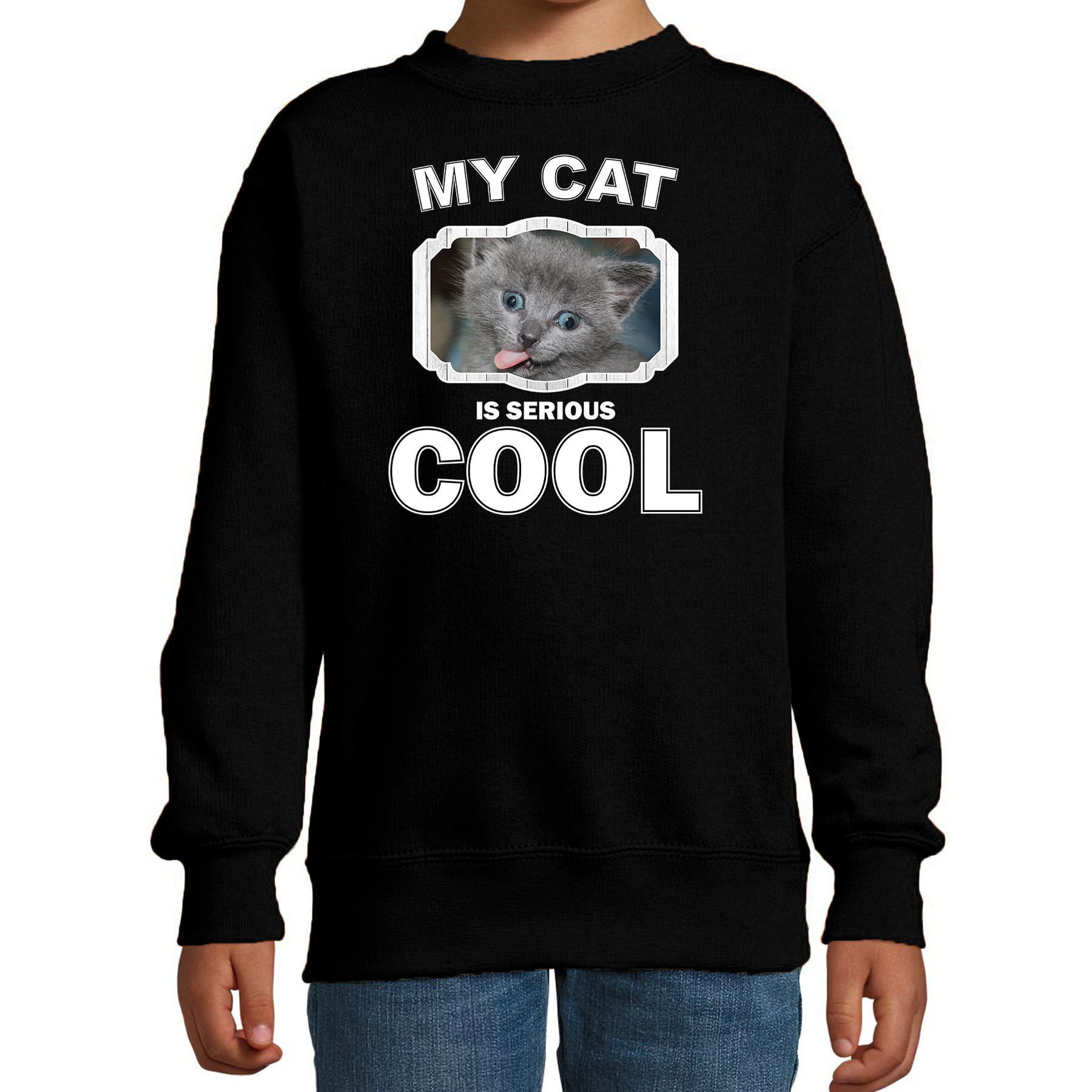 Bellatio Decorations Grijze katten / poezen trui / sweater my cat is serious cool - kinderen - Katten liefhebber cadeau sweaters - Zwart