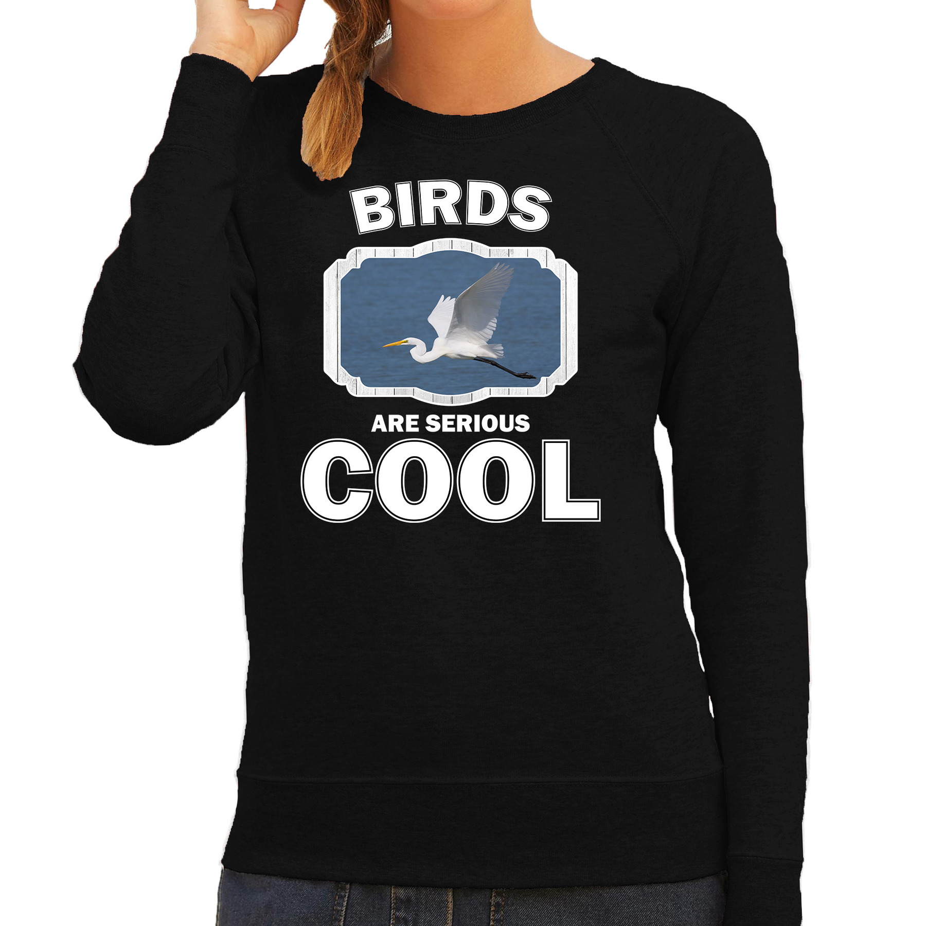 Bellatio Decorations Dieren vogels sweater dames - birds are serious cool trui - cadeau sweater grote zilverreiger/ vogels liefhebber - Zwart