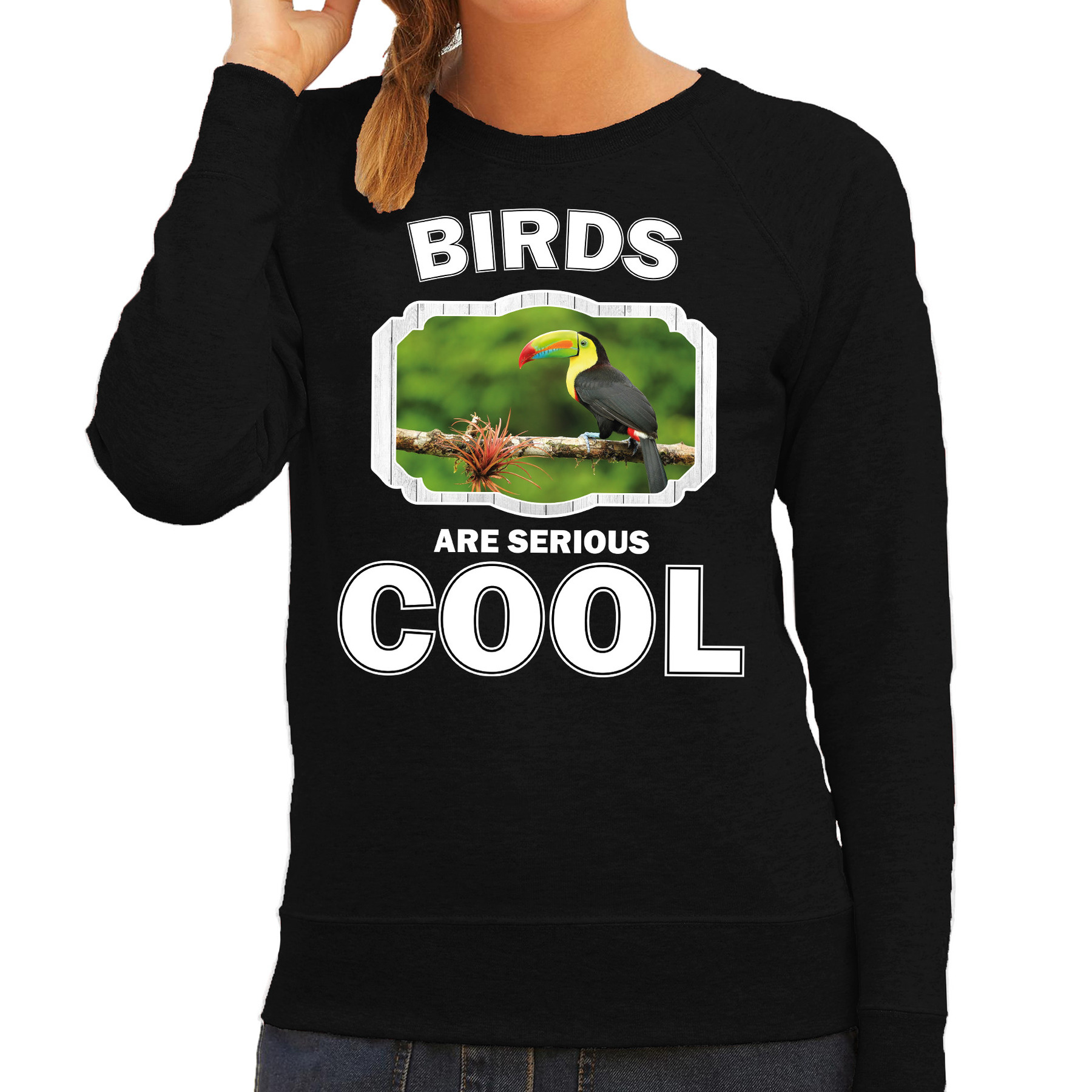 Bellatio Decorations Dieren toekans sweater dames - birds are serious cool trui - cadeau sweater toekan/ toekans liefhebber - Zwart