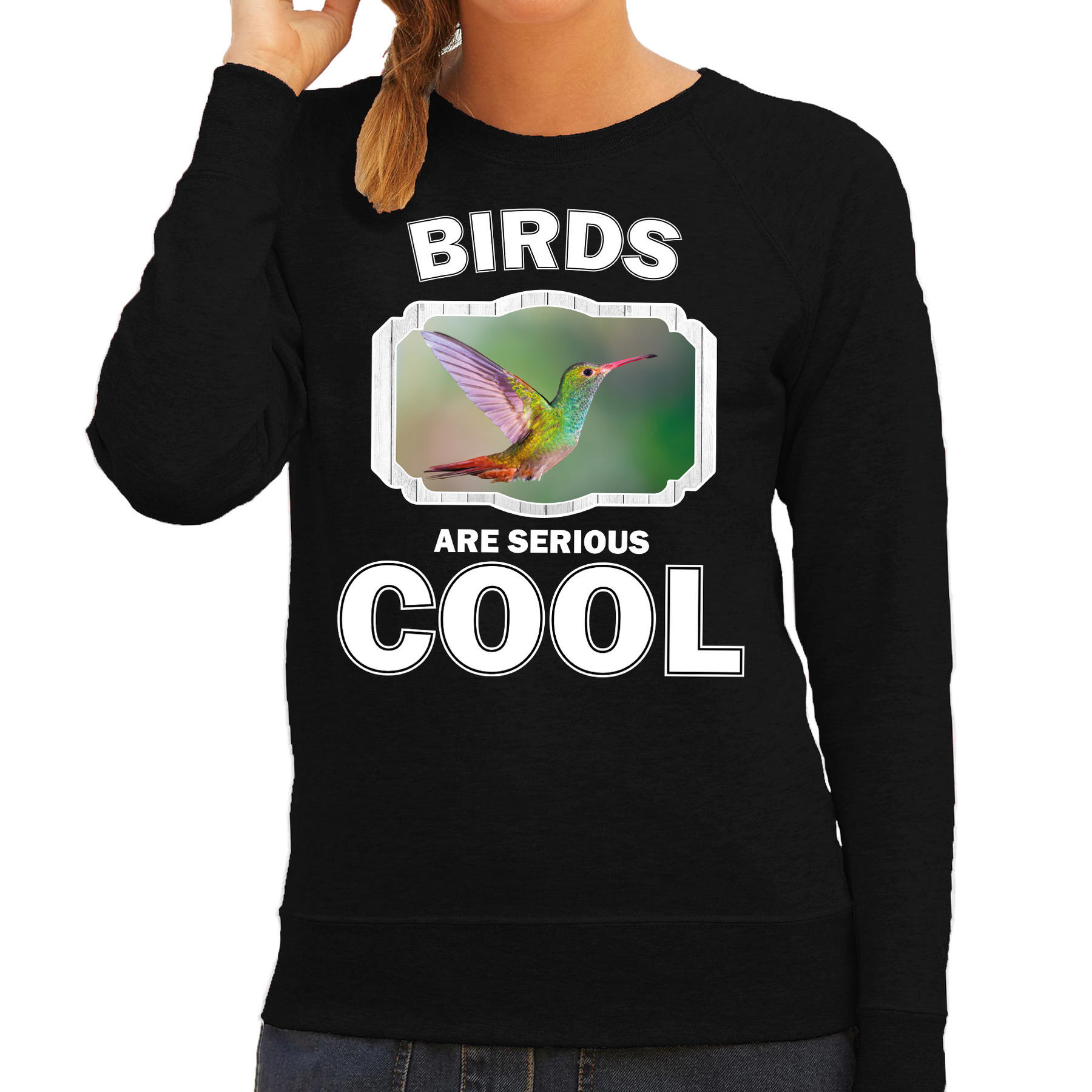 Bellatio Decorations Dieren vogels sweater dames - birds are serious cool trui - cadeau sweater kolibrie vogel/ vogels liefhebber - Zwart