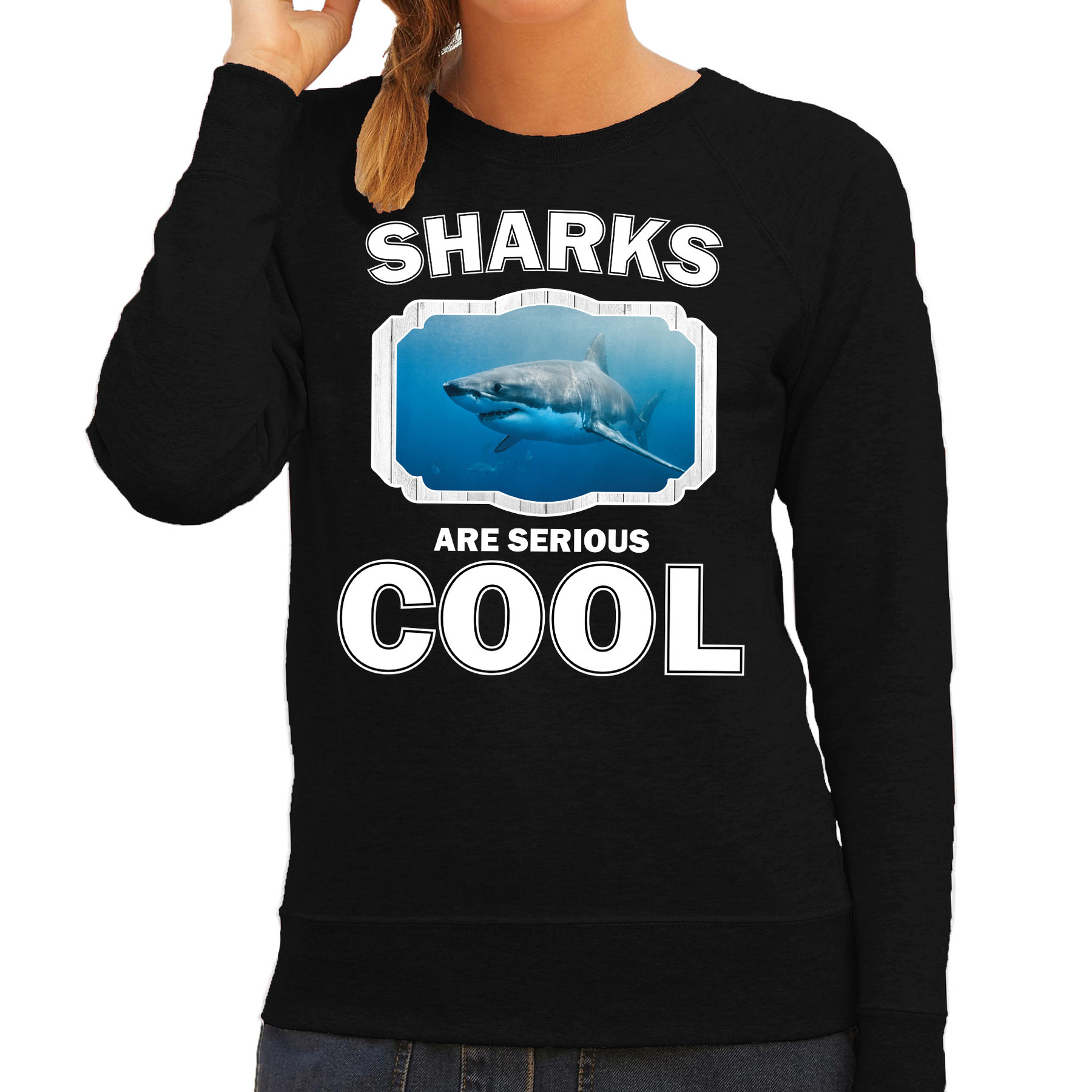 Bellatio Decorations Dieren haaien sweater dames - sharks are serious cool trui - cadeau sweater haai/ haaien liefhebber - Zwart