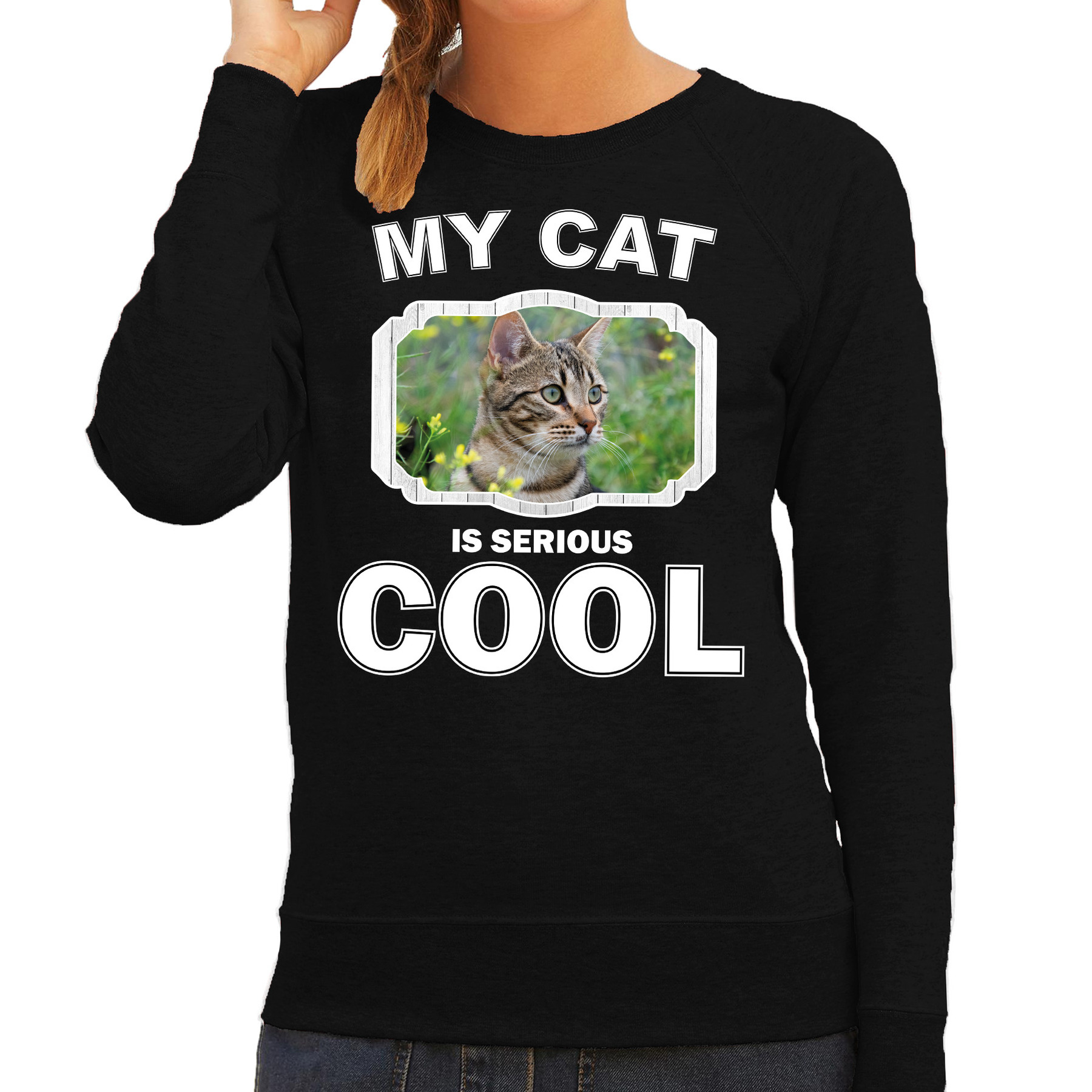 Bellatio Decorations Bruine kat katten trui / sweater my cat is serious cool - dames - katten / poezen liefhebber cadeau sweaters - Zwart