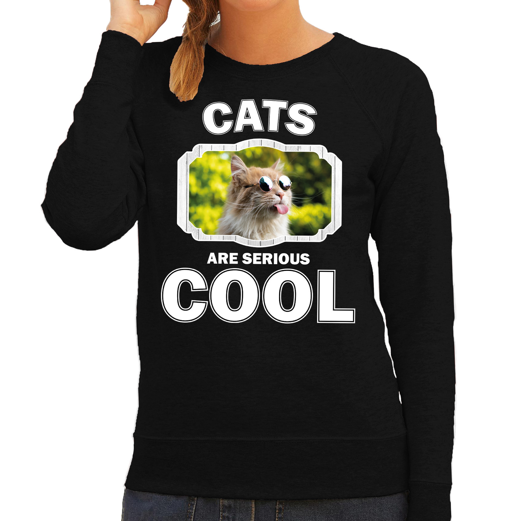 Bellatio Decorations Dieren katten sweater dames - cats are serious cool trui - cadeau sweater gekke poes/ katten liefhebber - Zwart