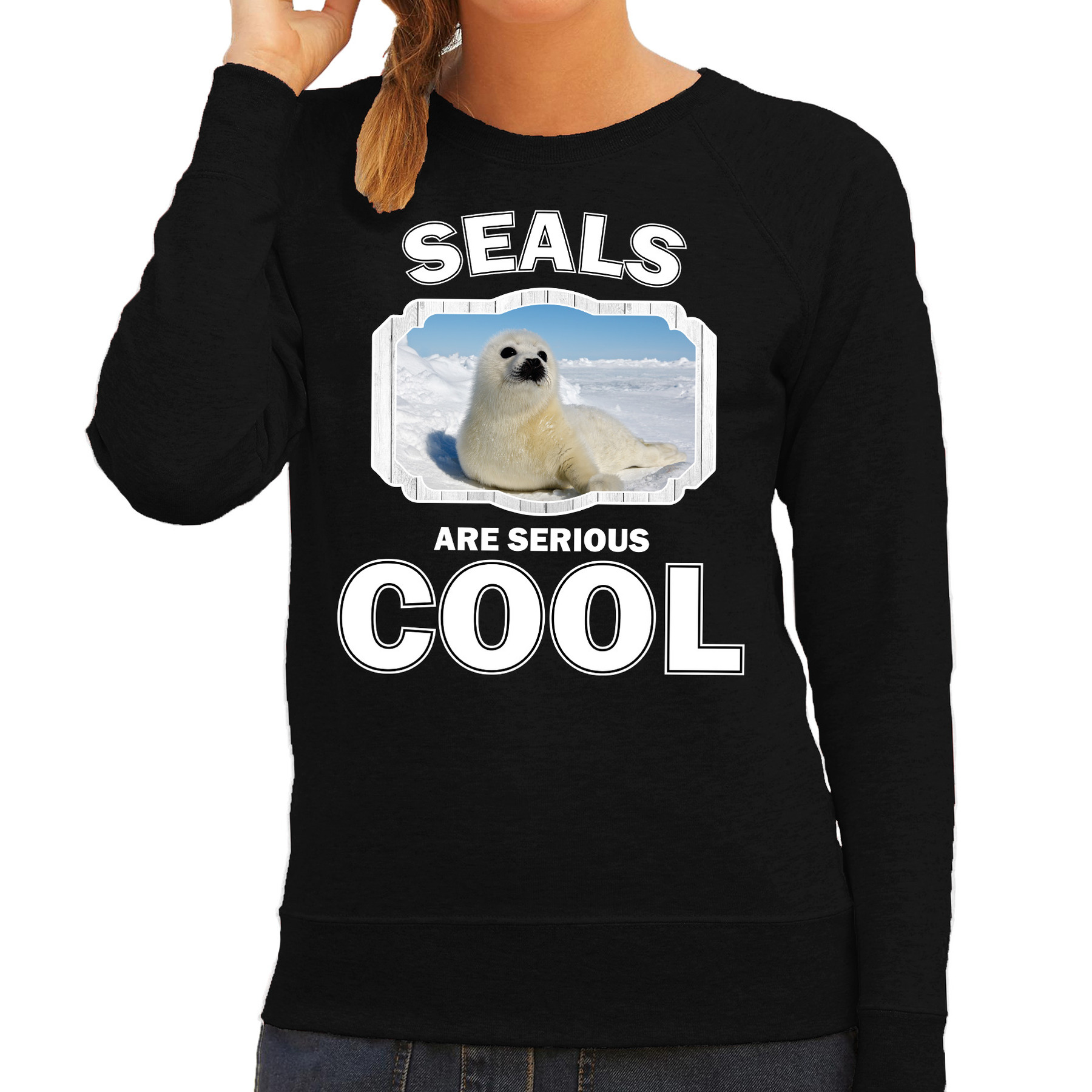 Bellatio Decorations Dieren witte zeehond sweater dames - seals are serious cool trui - cadeau sweater witte zeehond/ zeehonden liefhebber - Zwart