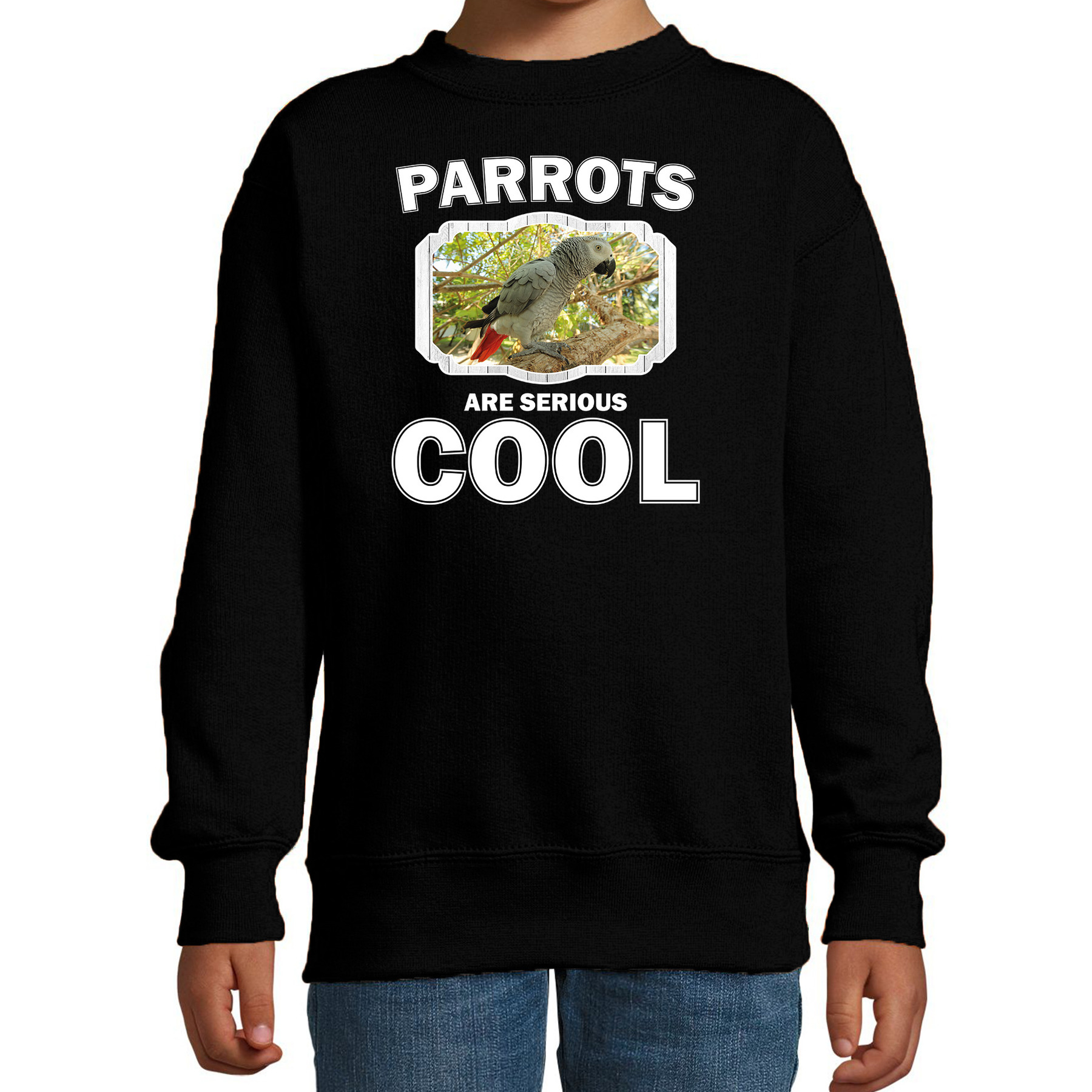 Bellatio Decorations Dieren papegaaien sweater kinderen - parrots are serious cool trui jongens/ meisjes - cadeau grijze roodstaart papegaai/ papegaaien liefhebber - Zwart