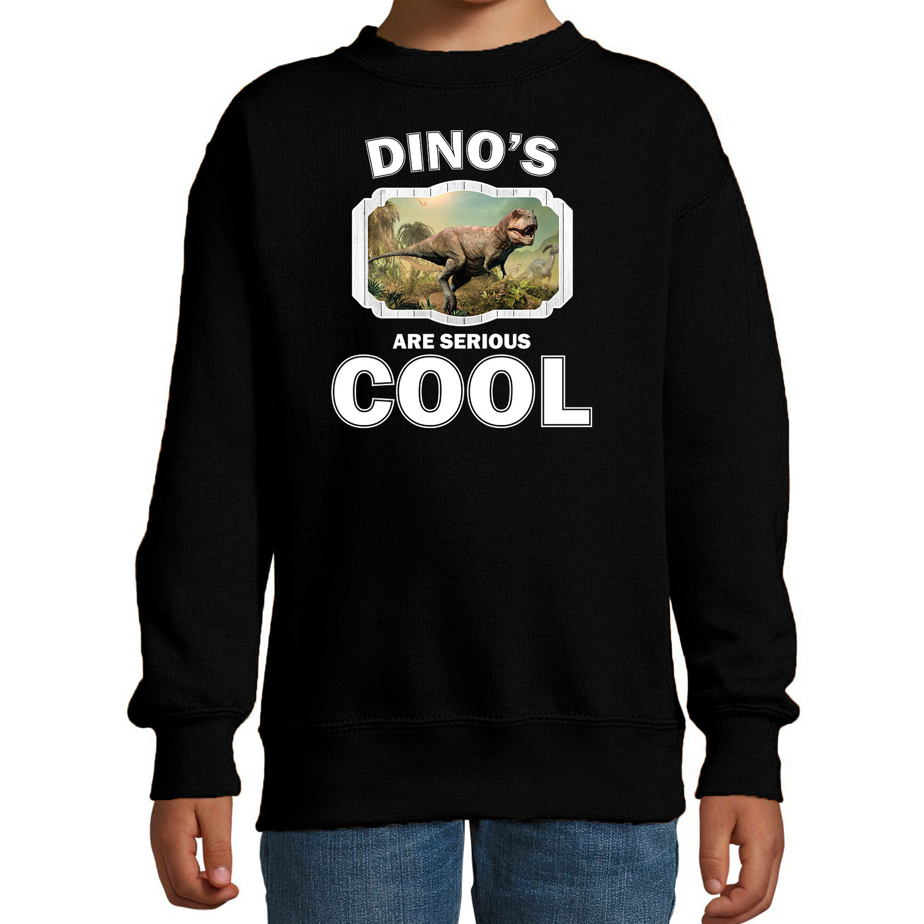 Bellatio Decorations Dieren dinosaurussen sweater kinderen - dinosaurs are serious cool trui jongens/ meisjes - cadeau stoere t-rex dinosaurus/ dinosaurussen liefhebber - Zwart