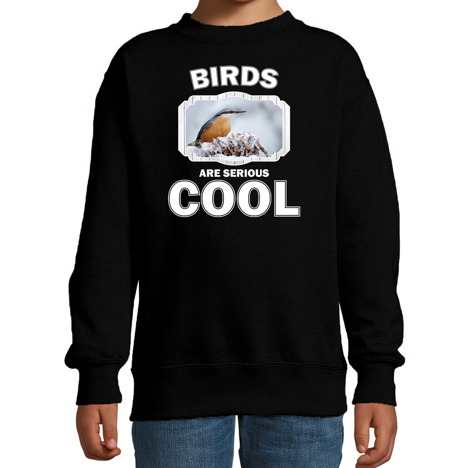 Bellatio Decorations Dieren vogels sweater kinderen - birds are serious cool trui jongens/ meisjes - cadeau boomklever vogel/ vogels liefhebber - Zwart