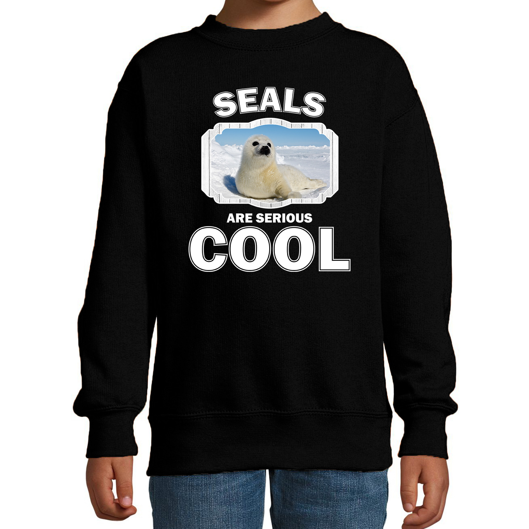 Bellatio Decorations Dieren witte zeehond sweater kinderen - seals are serious cool trui - cadeau zeehond/ zeehonden liefhebber - Zwart