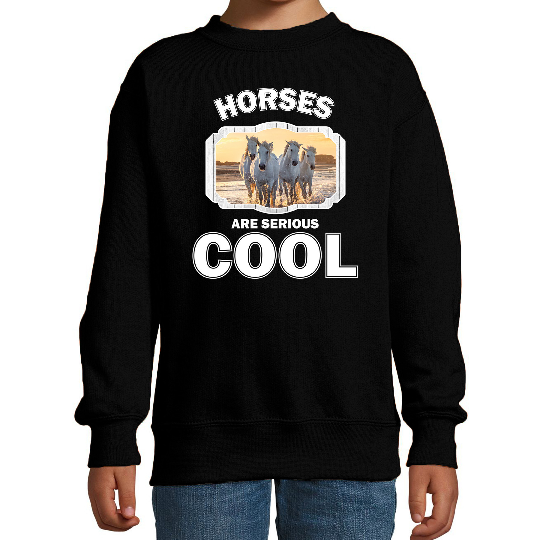 Bellatio Decorations Dieren witte paarden sweater kinderen - horses are serious cool trui jongens/ meisjes - cadeau wit paard/ paarden liefhebber - Zwart