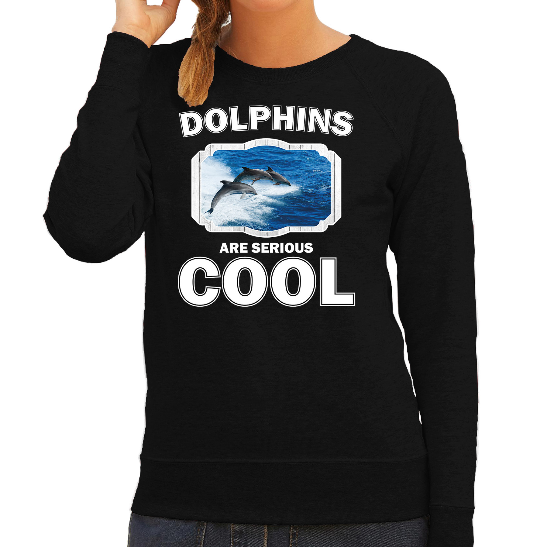 Bellatio Decorations Dieren dolfijnen sweater dames - dolphins are serious cool trui - cadeau sweater dolfijn groep/ dolfijnen liefhebber - Zwart