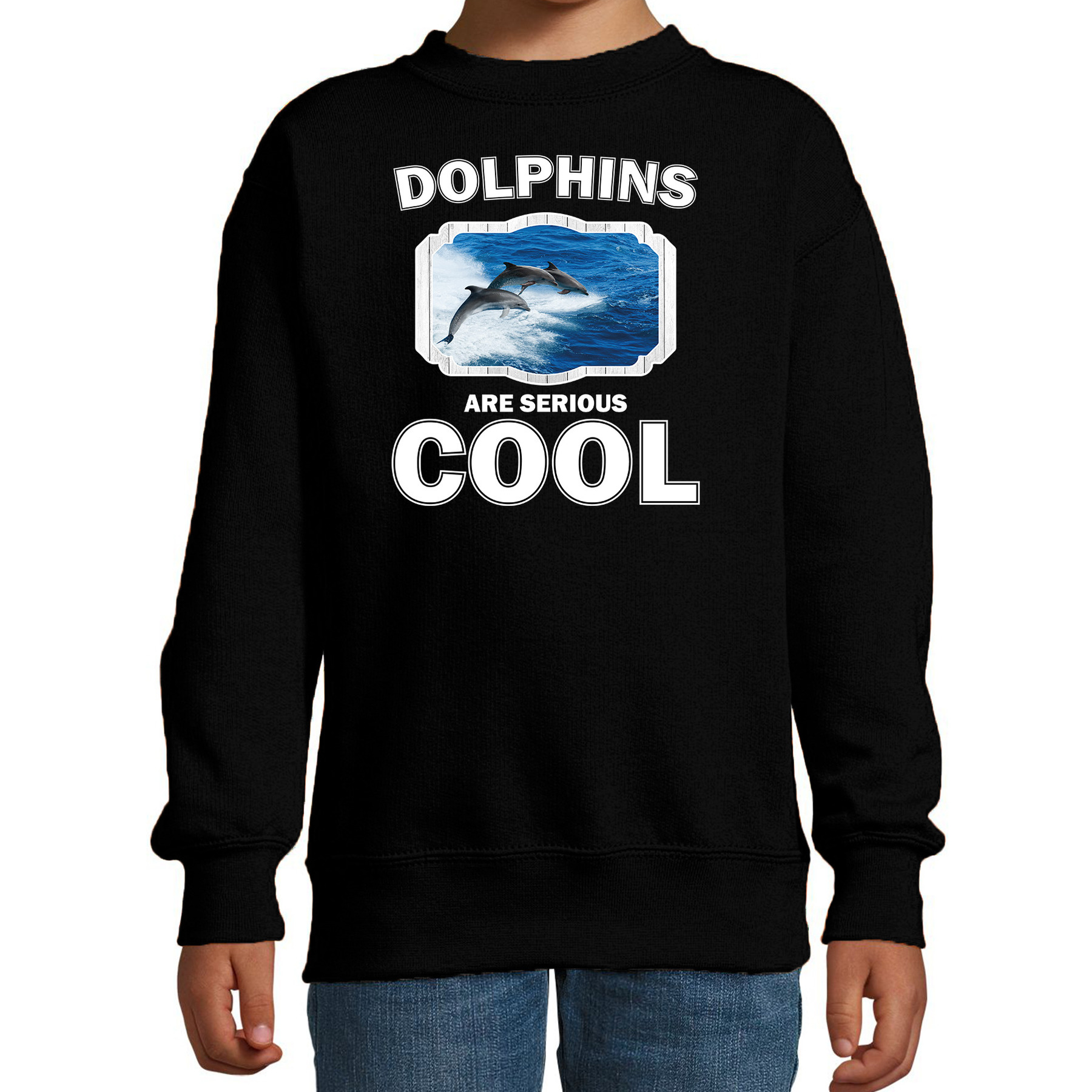 Bellatio Decorations Dieren dolfijnen sweater kinderen - dolphins are serious cool trui jongens/ meisjes - cadeau dolfijn groep/ dolfijnen liefhebber - Zwart