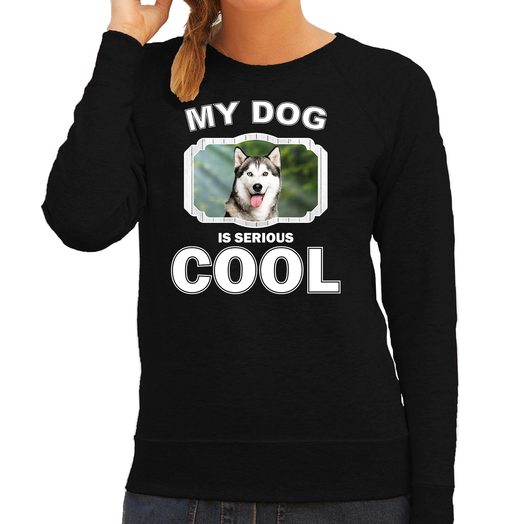 Bellatio Decorations Husky honden trui / sweater my dog is serious cool - dames - Siberische huskys liefhebber cadeau sweaters - Zwart