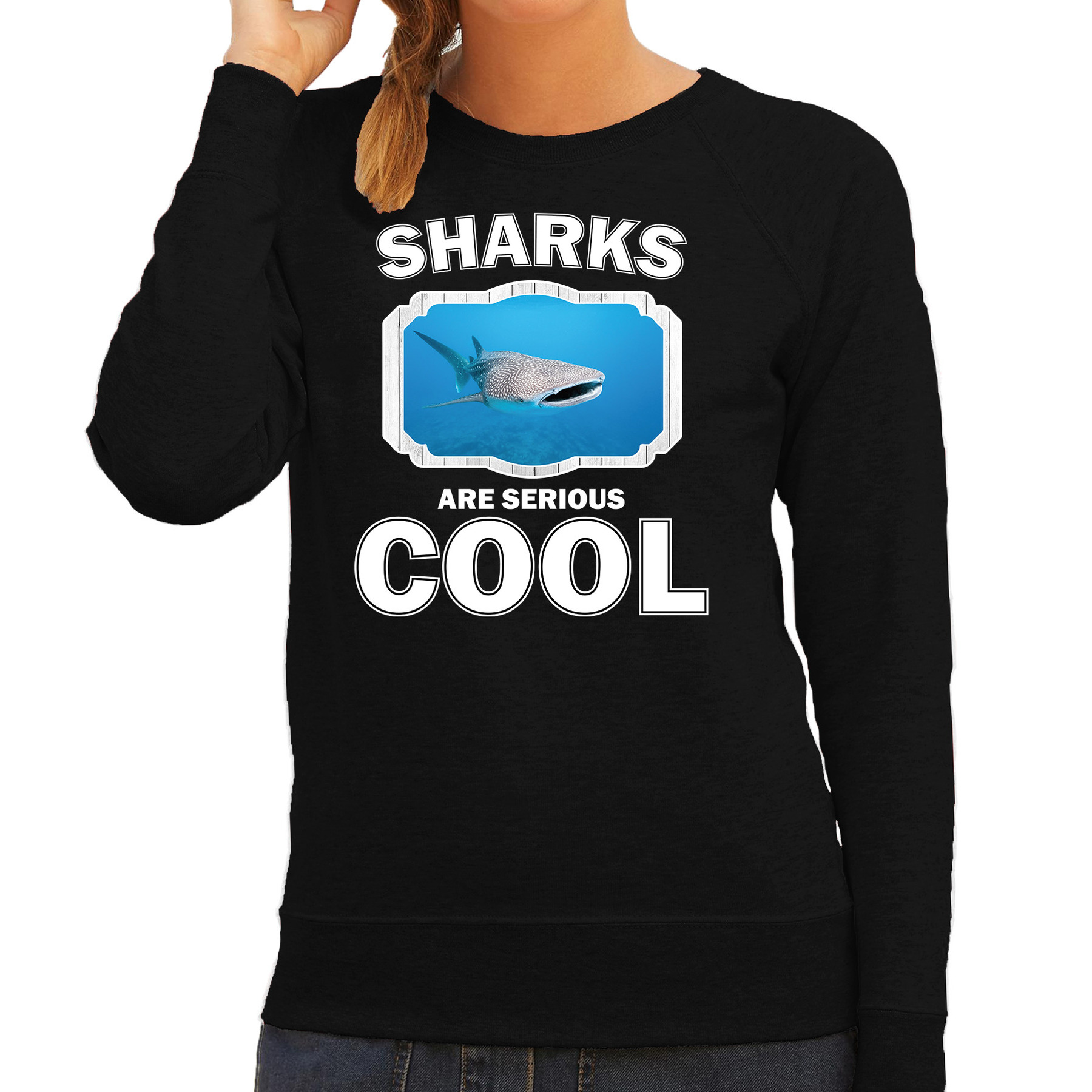 Bellatio Decorations Dieren haaien sweater dames - sharks are serious cool trui - cadeau sweater walvishaai/ haaien liefhebber - Zwart