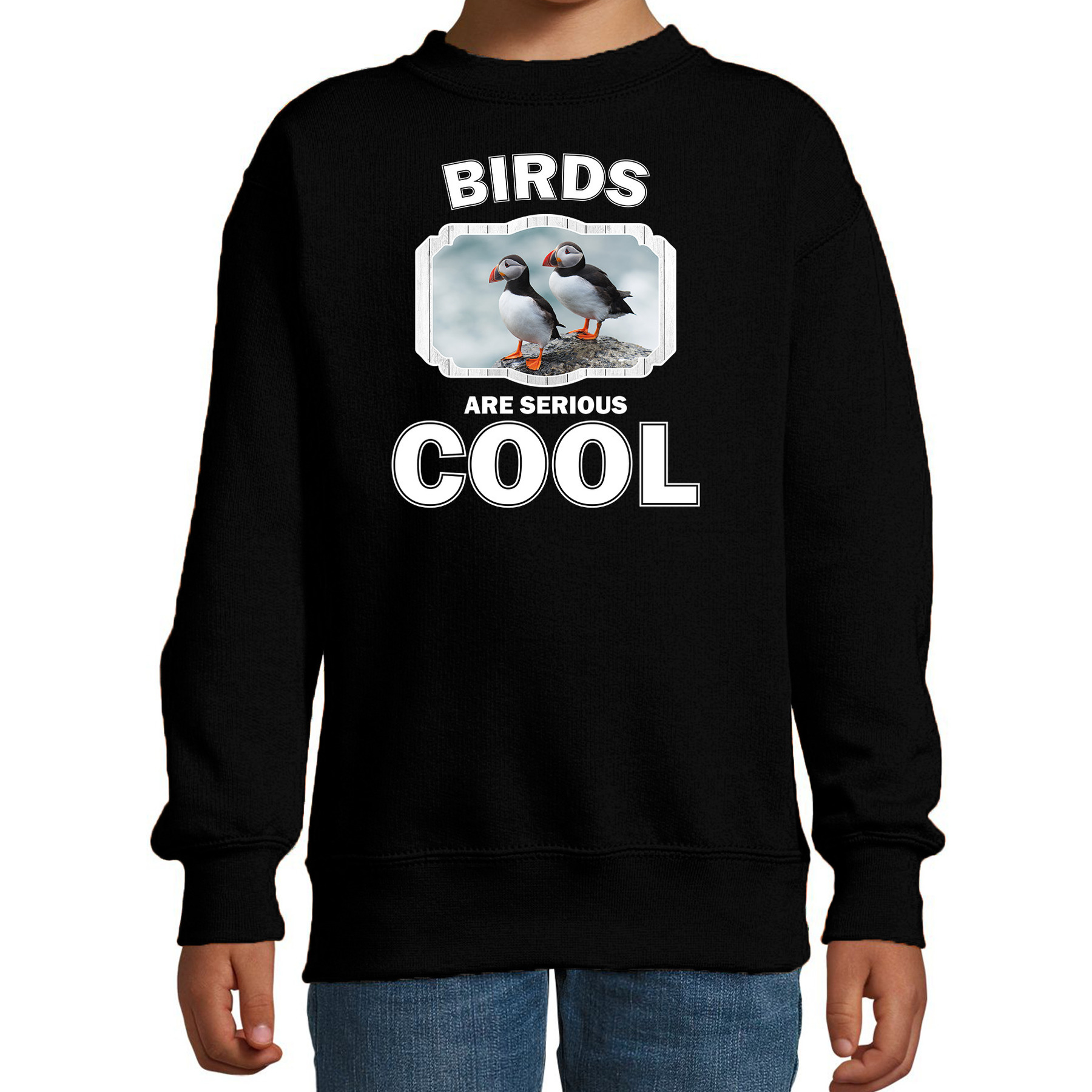 Bellatio Decorations Dieren vogels sweater kinderen - birds are serious cool trui jongens/ meisjes - cadeau papegaaiduiker vogel/ vogels liefhebber - Zwart