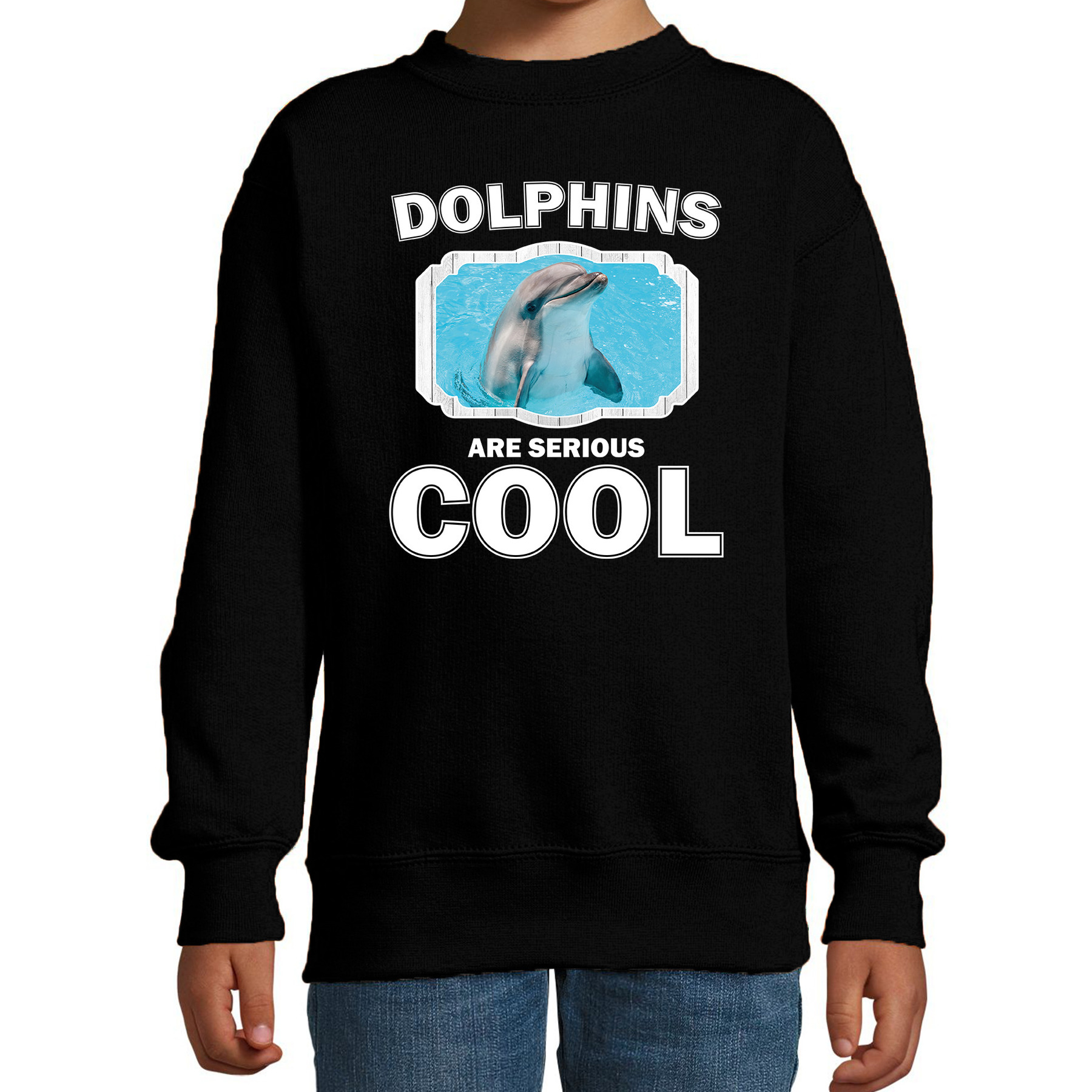 Bellatio Decorations Dieren dolfijnen sweater kinderen - dolphins are serious cool trui jongens/ meisjes - cadeau dolfijn/ dolfijnen liefhebber - Zwart