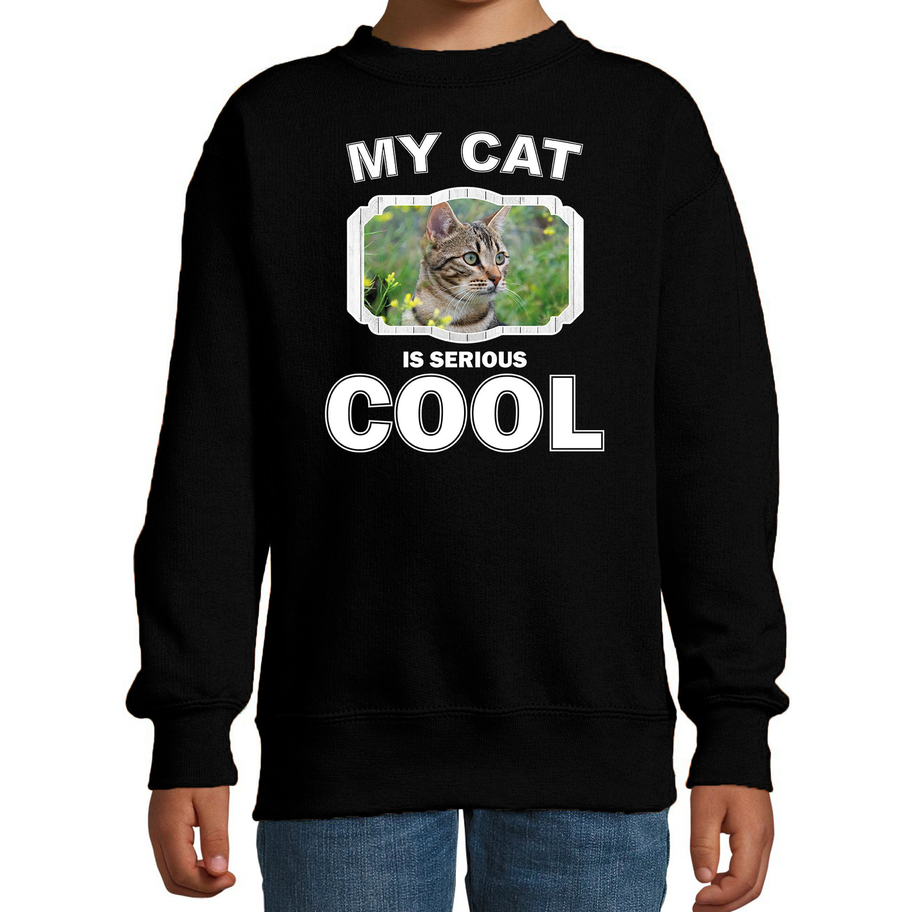 Bellatio Decorations Bruine kat katten trui / sweater my cat is serious cool - kinderen - katten / poezen liefhebber cadeau sweaters - Zwart