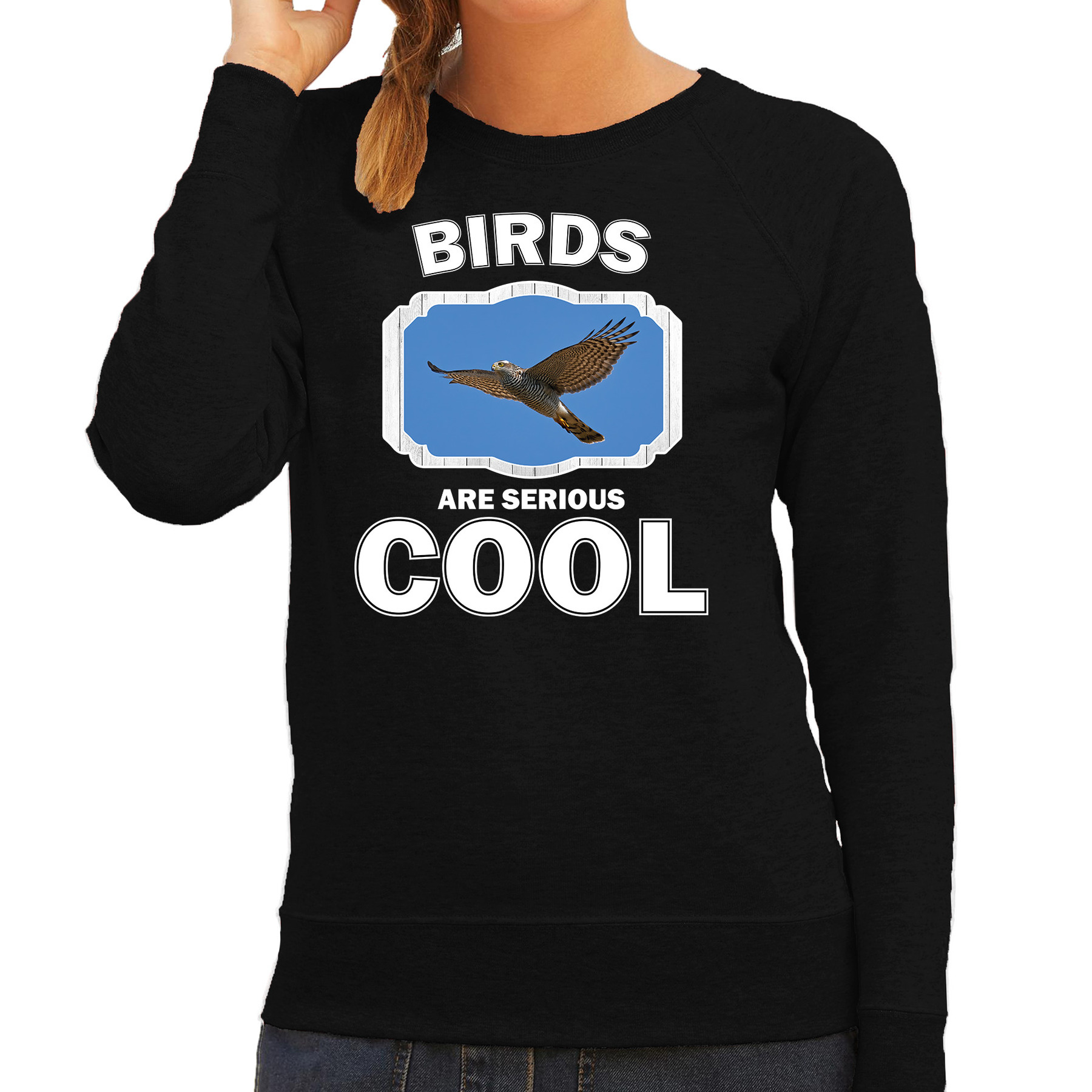 Bellatio Decorations Dieren vogels sweater dames - birds are serious cool trui - cadeau sweater vliegende havik roofvogel/ vogels liefhebber - Zwart