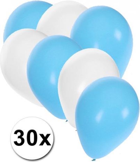 30x ballonnen lichtblauw en wit - 27 cm - witte / lichtblauwe versiering