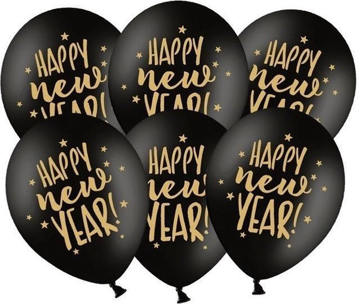 24x Happy New Year ballonnen met ster 30 cm - Oud en Nieuw thema versiering - Zwart
