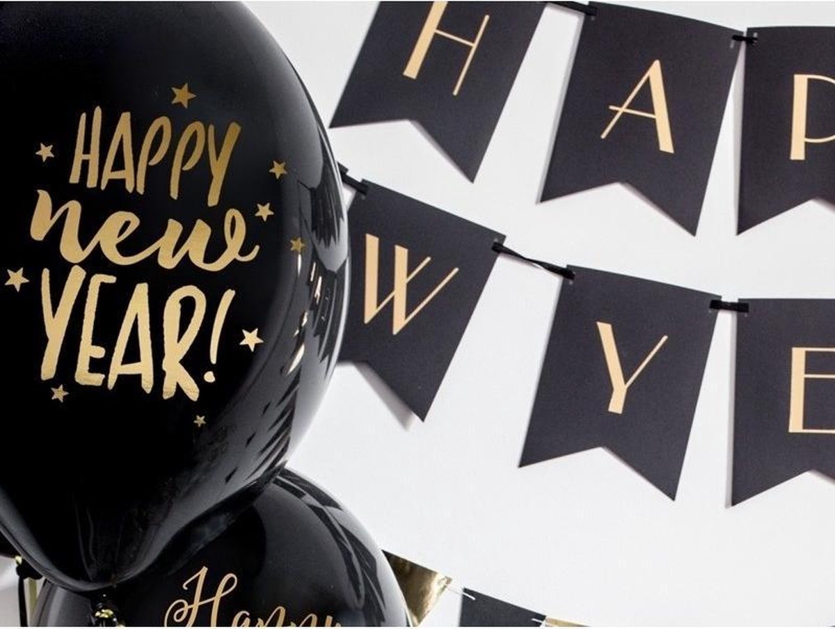 24x Happy New Year ballonnen met ster 30 cm - Oud en Nieuw thema versiering - Zwart