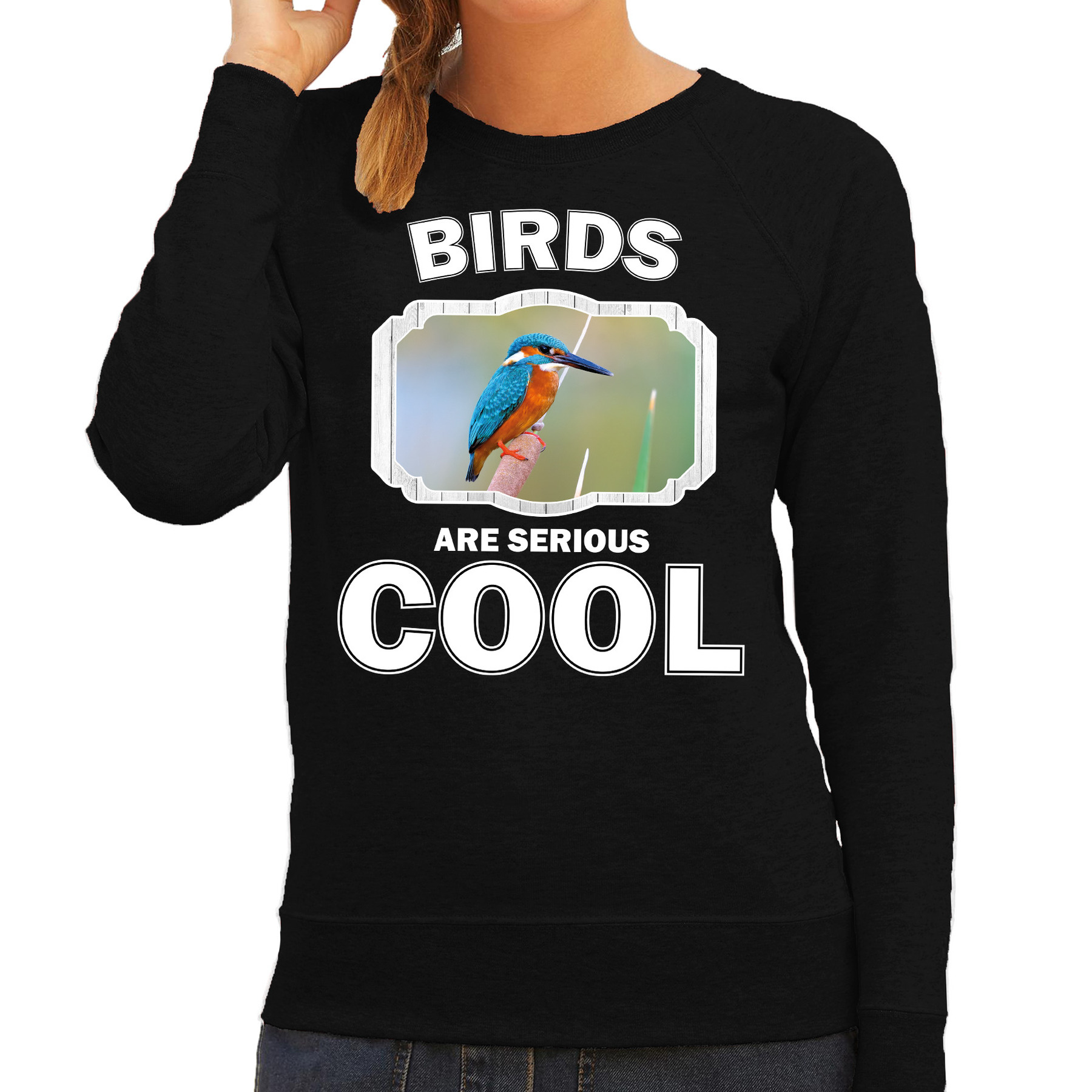 Bellatio Decorations Dieren vogels sweater dames - birds are serious cool trui - cadeau sweater ijsvogel/ vogels liefhebber - Zwart