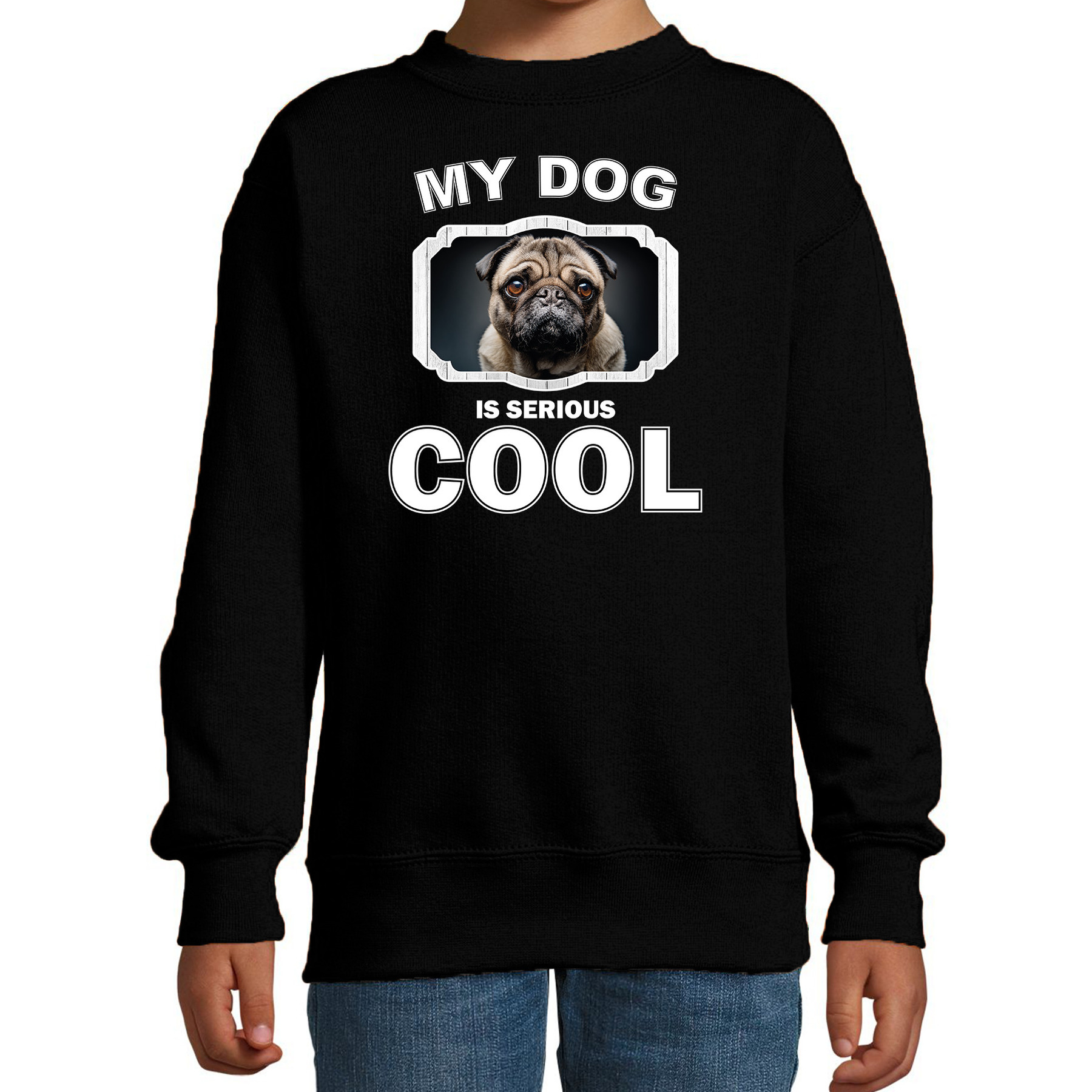 Bellatio Decorations Mopshond honden trui / sweater my dog is serious cool - kinderen - pugs / mopshonden liefhebber cadeau sweaters - Zwart