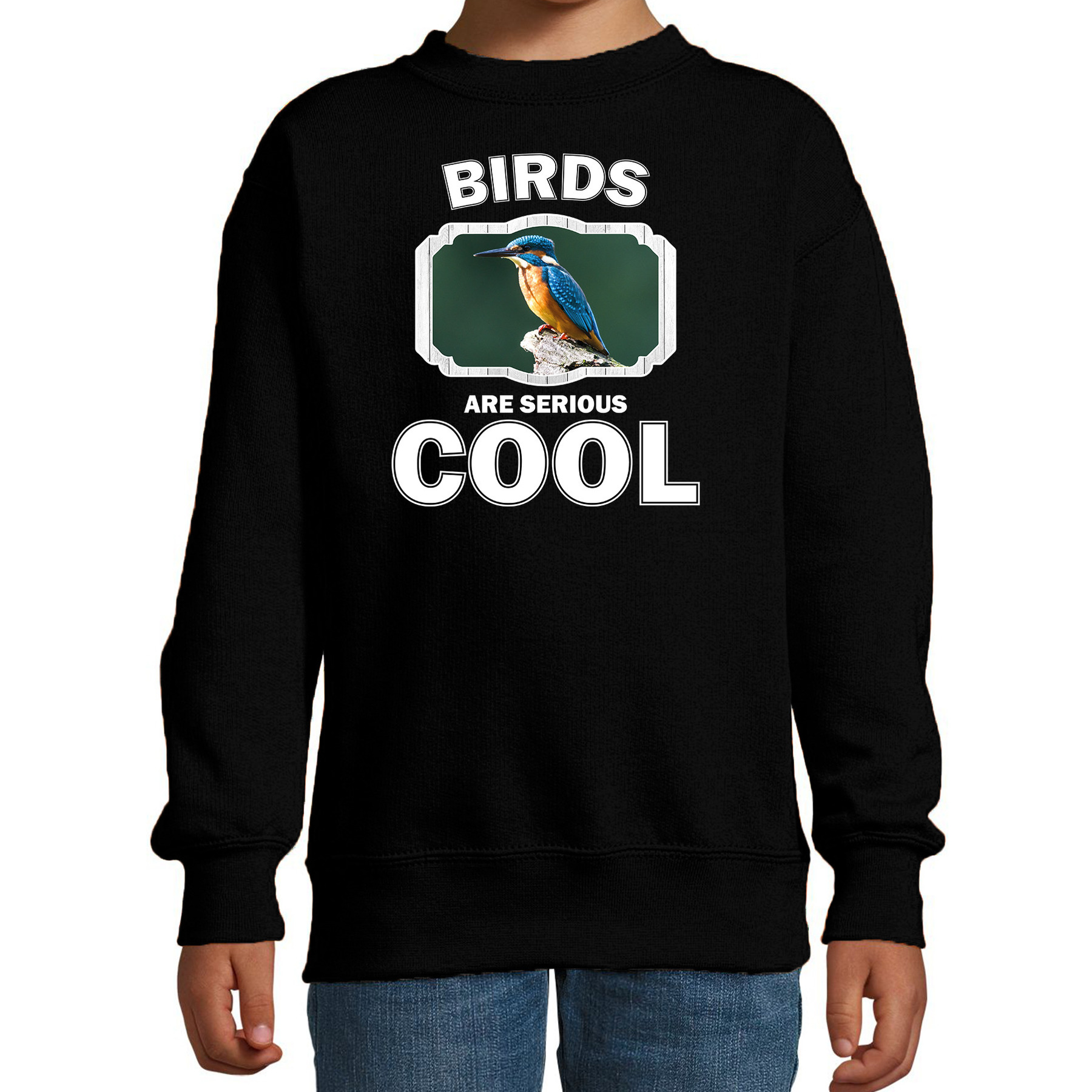 Bellatio Decorations Dieren vogels sweater kinderen - birds are serious cool trui jongens/ meisjes - cadeau ijsvogel zittend/ vogels liefhebber - Zwart