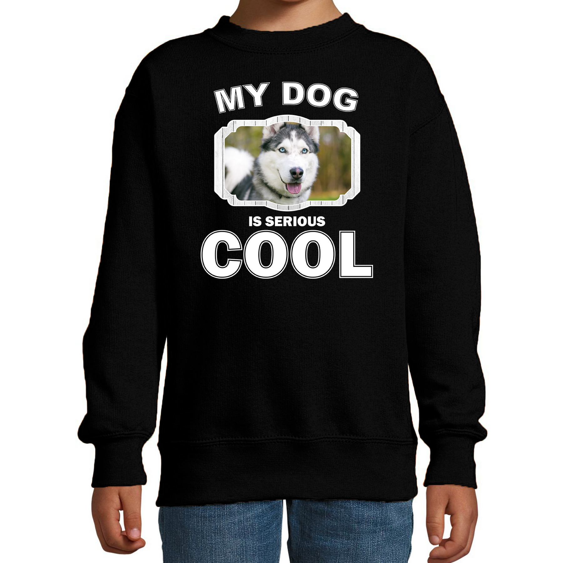 Bellatio Decorations Husky honden trui / sweater my dog is serious cool - kinderen - Siberische huskys liefhebber cadeau sweaters - Zwart