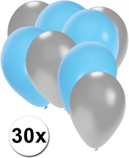 30x ballonnen zilver en lichtblauw