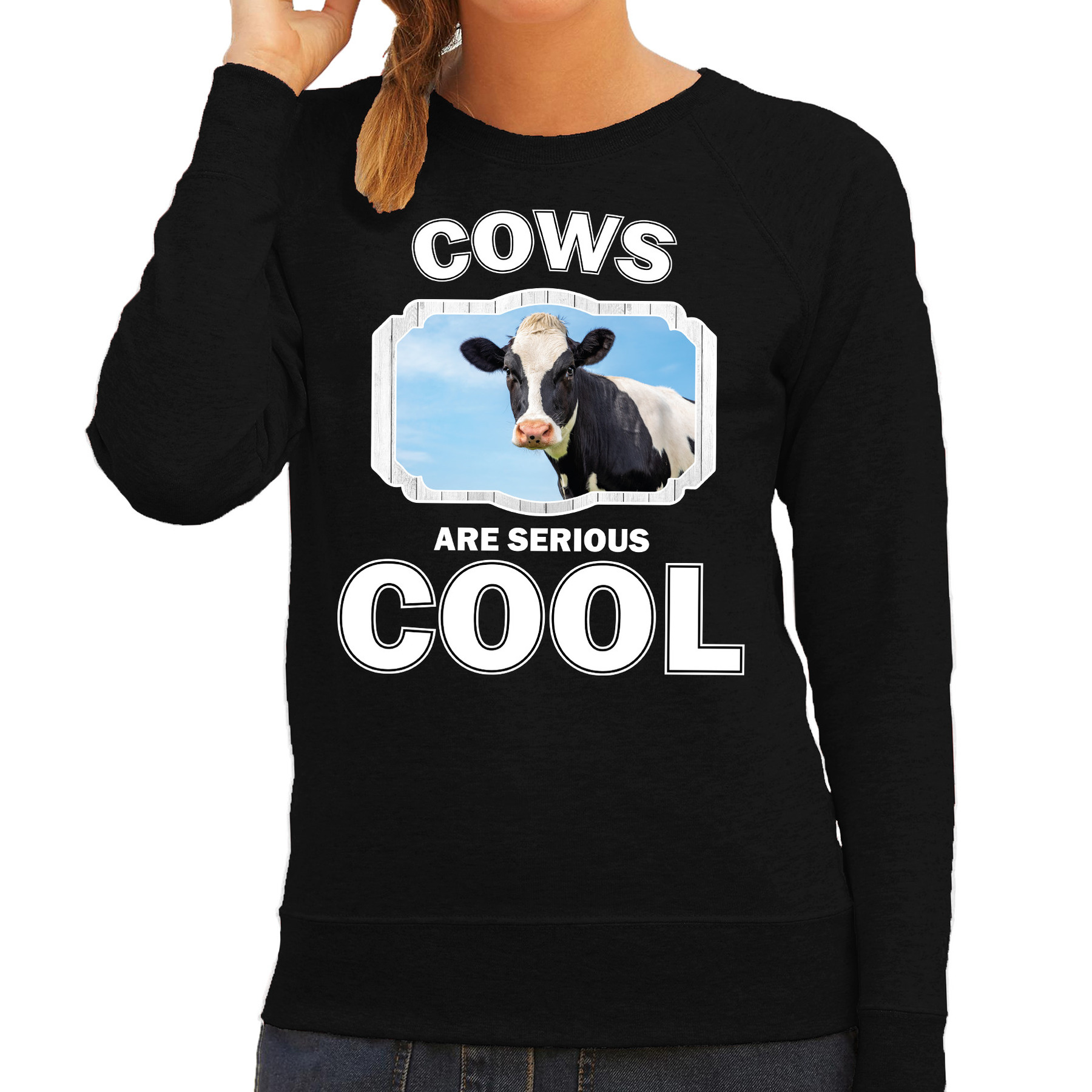 Bellatio Decorations Dieren koeien sweater dames - cows are serious cool trui - cadeau sweater koe/ koeien liefhebber - Zwart