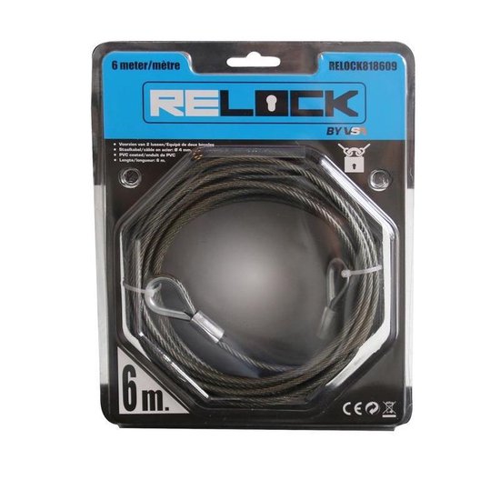 Staalkabel PVC coated 6 m en hangslot messing 40 mm - fietsslot / kabelslot