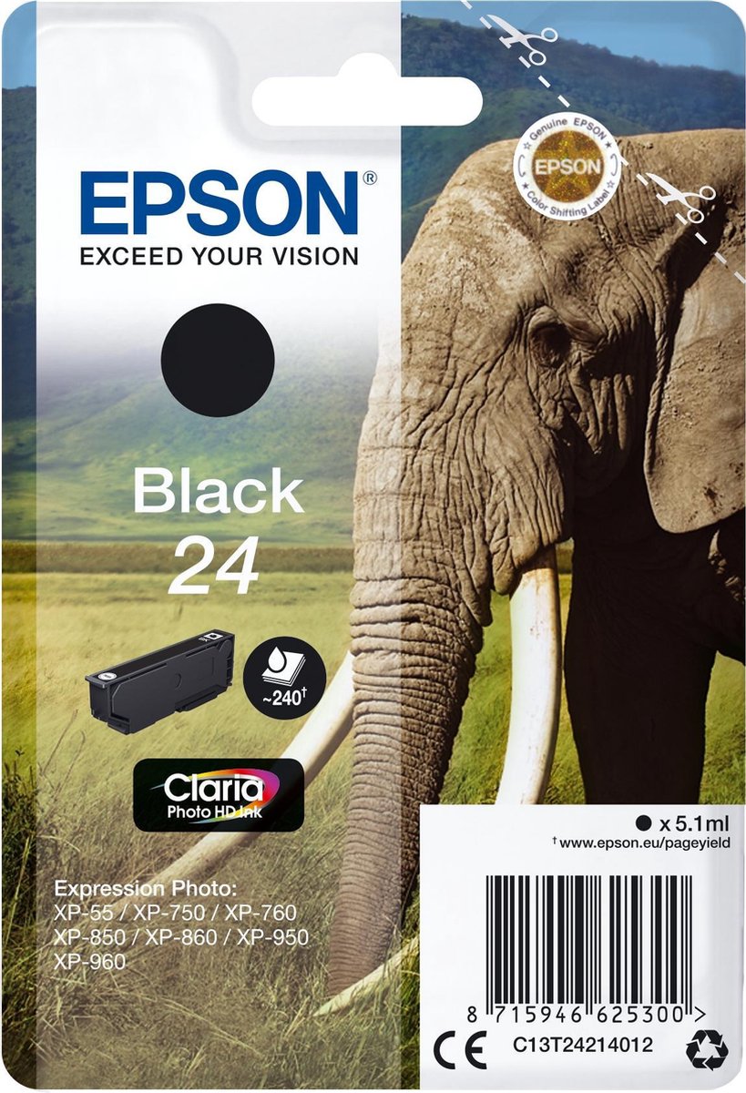 Epson Elephant Singlepack Black 24 Claria Photo HD Ink - Zwart