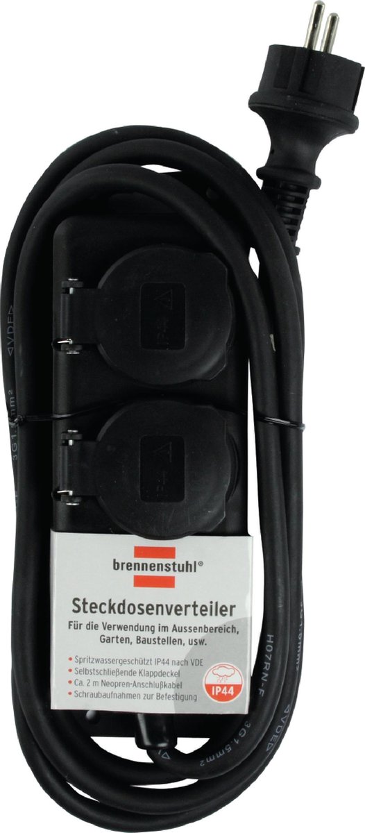 Brennenstuhl Stopcontactverdeler IP44 2-voudig 2m H07RN-F 3G1,5 - Zwart