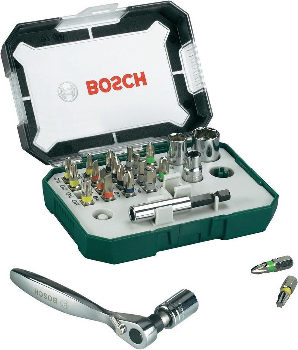 Bosch 26-delige schroefbit- en ratelset met kleur codering