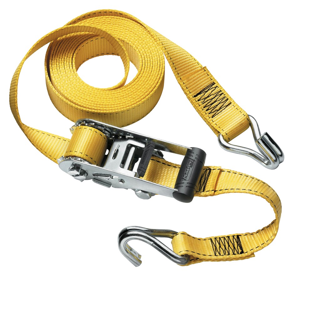 Masterlock Ratchet tie down with J hooks 4,50m - colour : yellow - PVC grip on r