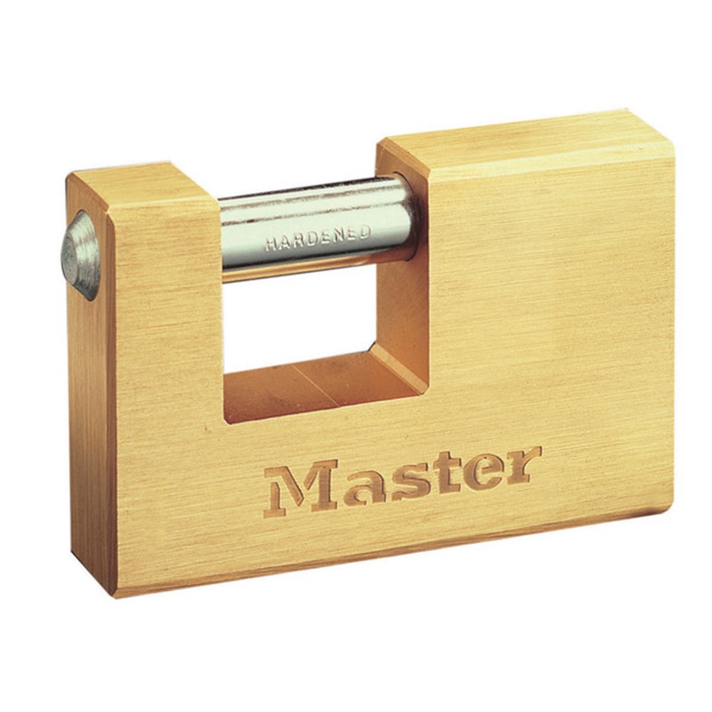 Masterlock 63mm wide x 15mm thick - 18mm hardened steel shackle, 10mm diam. - hor