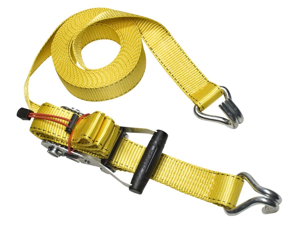 Masterlock Ratchet tie down with J hooks 8,25m - colour : yellow - PVC grip on ra