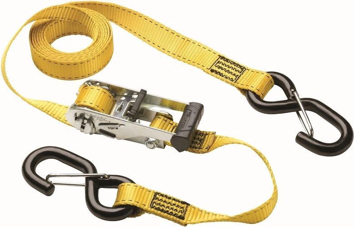 Masterlock Set of 2 ratchet tie downs with S hooks 3m - colour : yellow - PVC gri